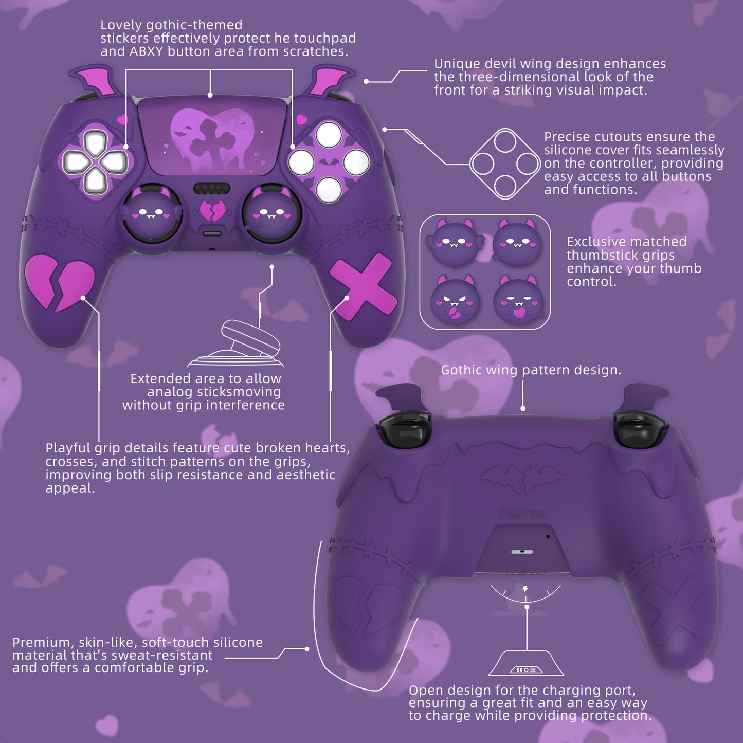 PlayVital Gothic Imp Series Cute Silicone Case with Thumb Grips and Stickers for PS5 Controller, Compatible with PS5 Official Charging Dock - Purple