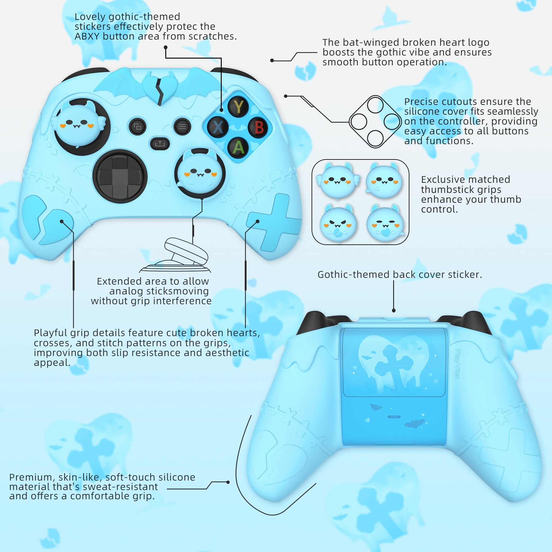 PlayVital Gothic Imp Series Cute Silicone Skin for Xbox Series X/S Controller & Xbox Core Wireless Controller - Aqua Blue PlayVital