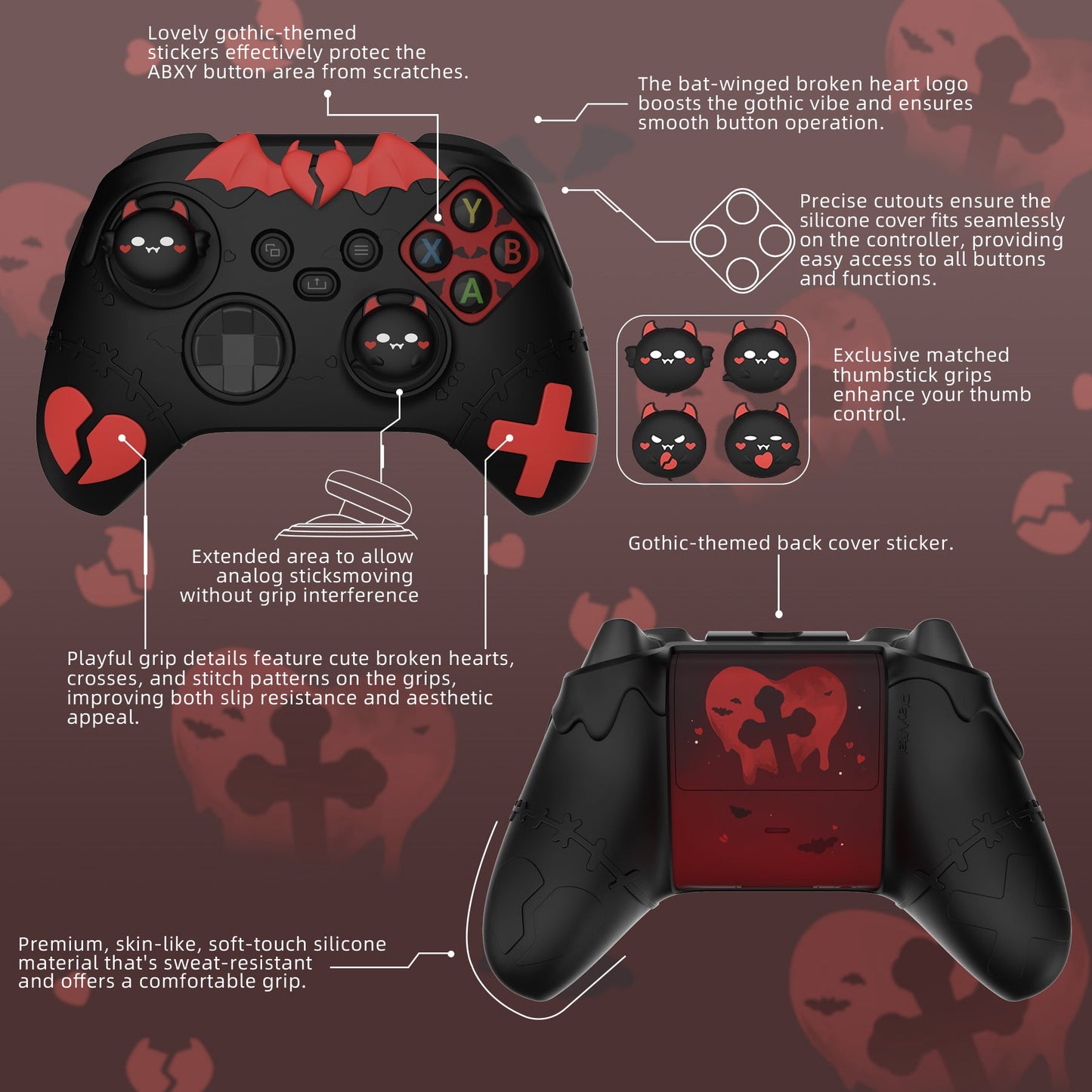 PlayVital Gothic Imp Series Cute Silicone Skin for Xbox Series X/S Controller & Xbox Core Wireless Controller - Black PlayVital