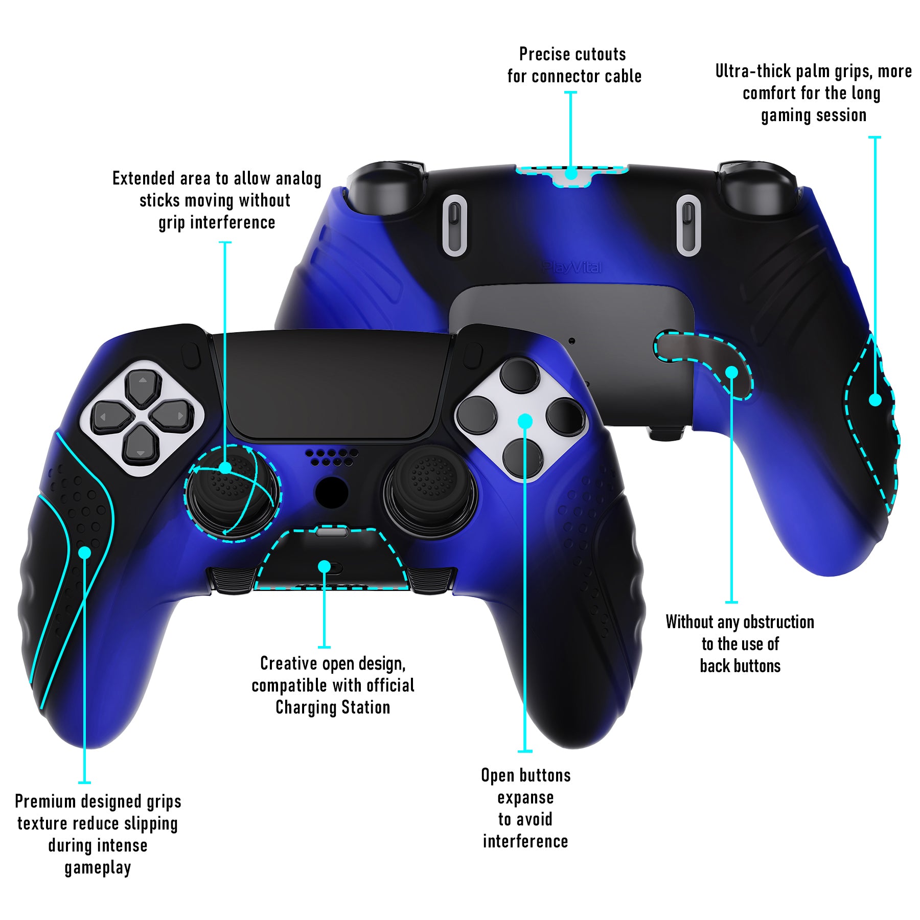 PlayVital Guardian Edition Anti-Slip Ergonomic Silicone Cover Case with Thumb Grip Caps for PS5 Edge Controller - Blue & Black - EHPFP009 PlayVital