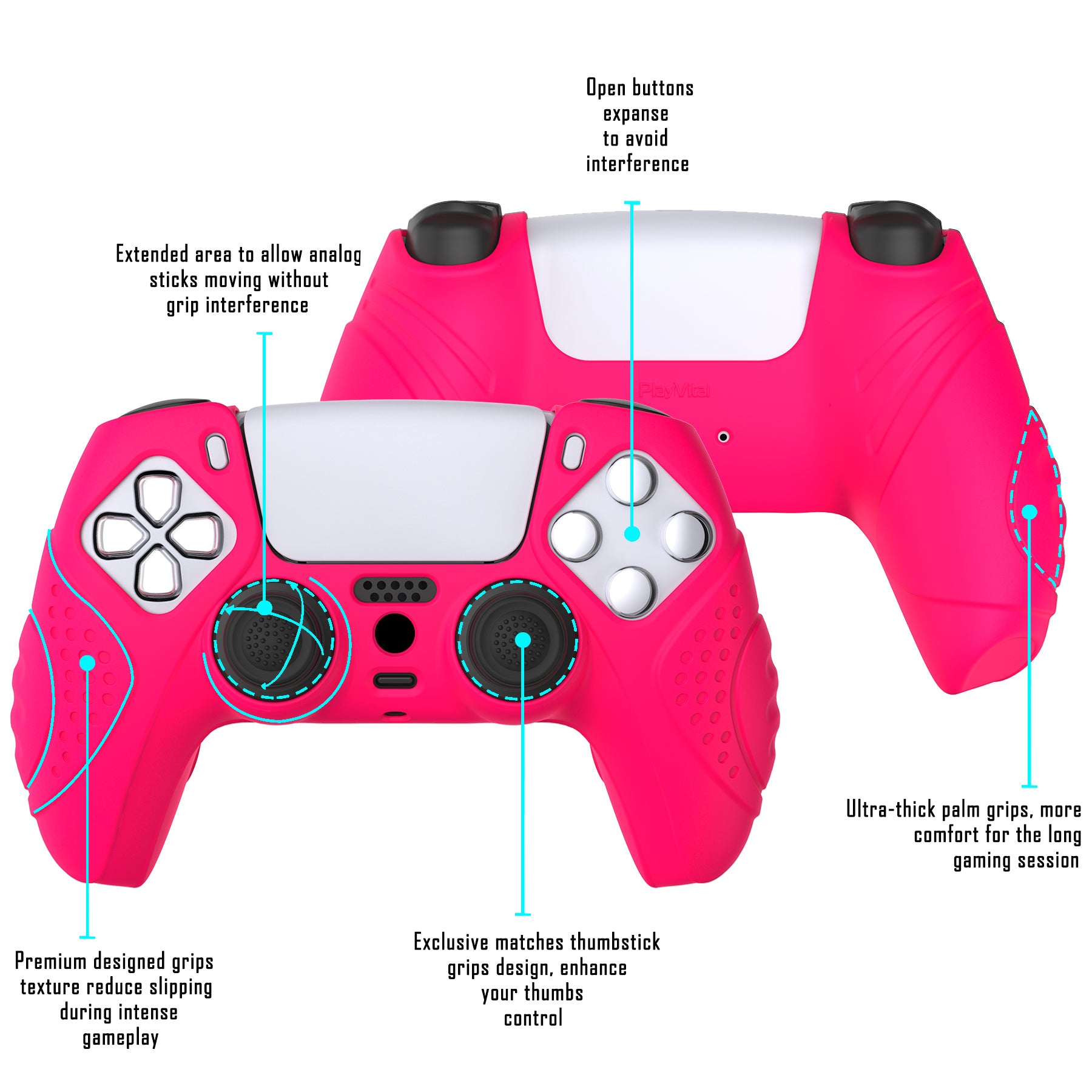 PlayVital Guardian Edition Anti-Slip Silicone Cover Skin with Thumb Grip Caps for PS5 Wireless Controller - Bright Pink - YHPF023 PlayVital