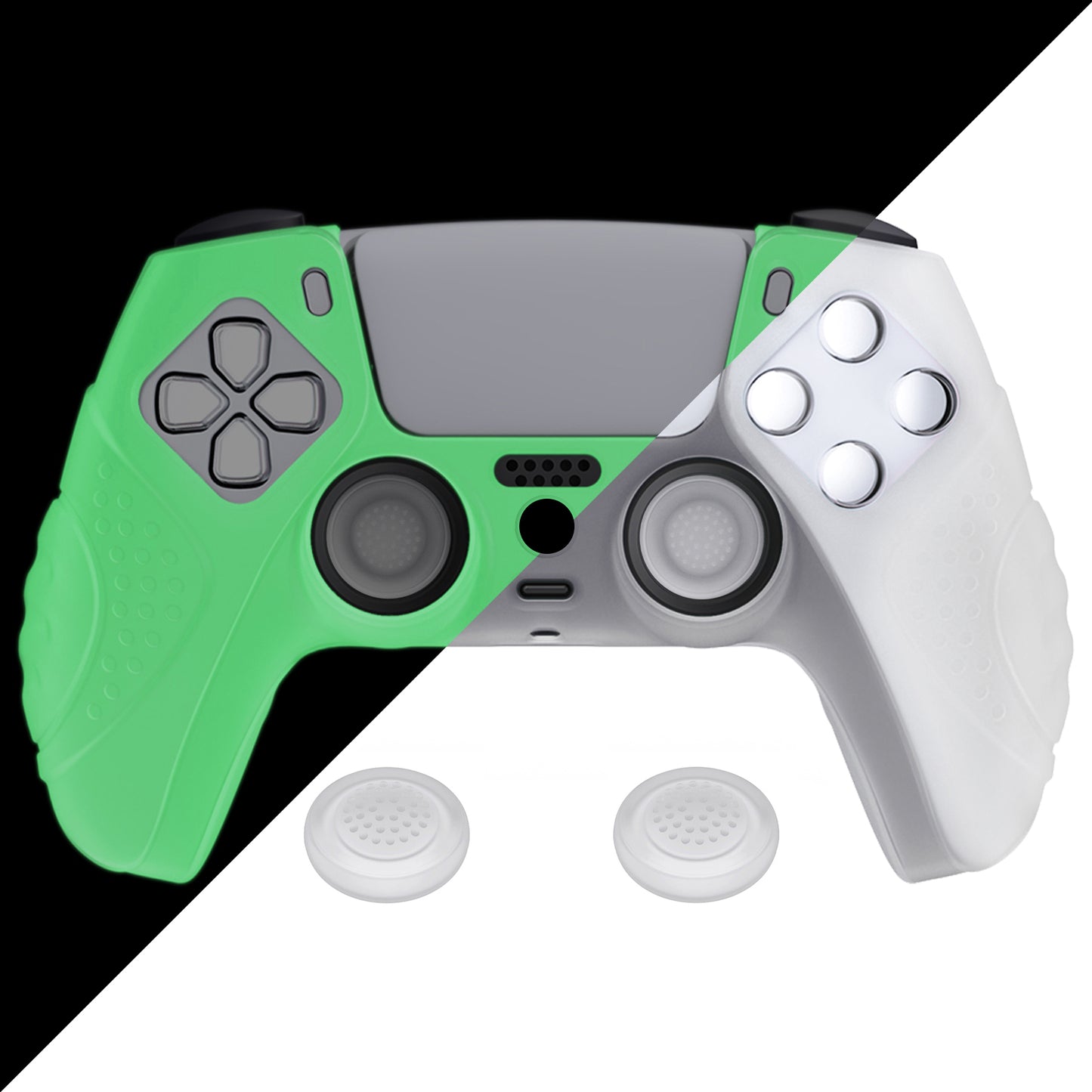 PlayVital Guardian Edition Anti-Slip Silicone Cover Skin with Thumb Grip Caps for PS5 Wireless Controller - Glow in Dark - Green - YHPF024 PlayVital