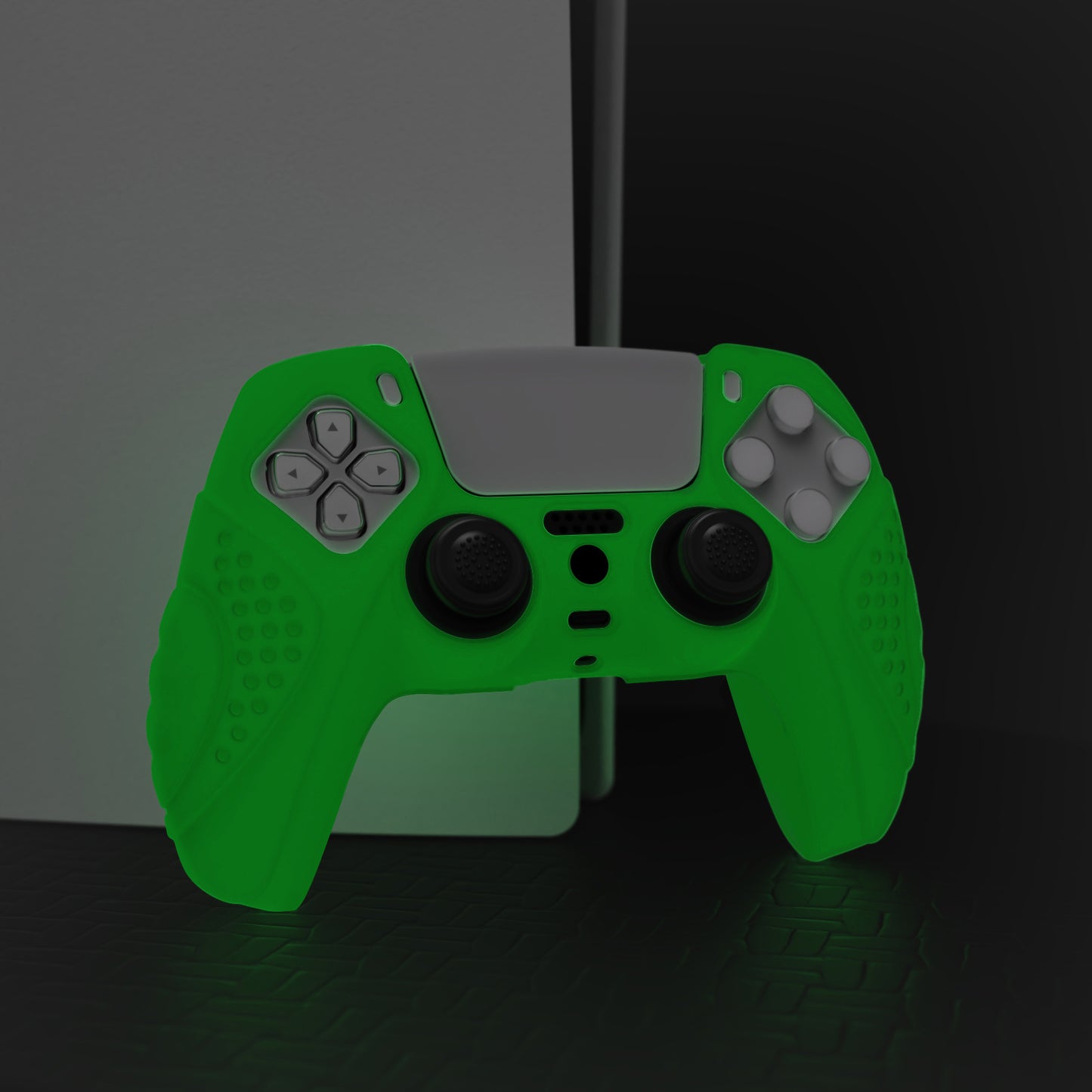 PlayVital Guardian Edition Anti-Slip Silicone Cover Skin with Thumb Grip Caps for PS5 Wireless Controller - Glow in Dark - Green - YHPF024 PlayVital