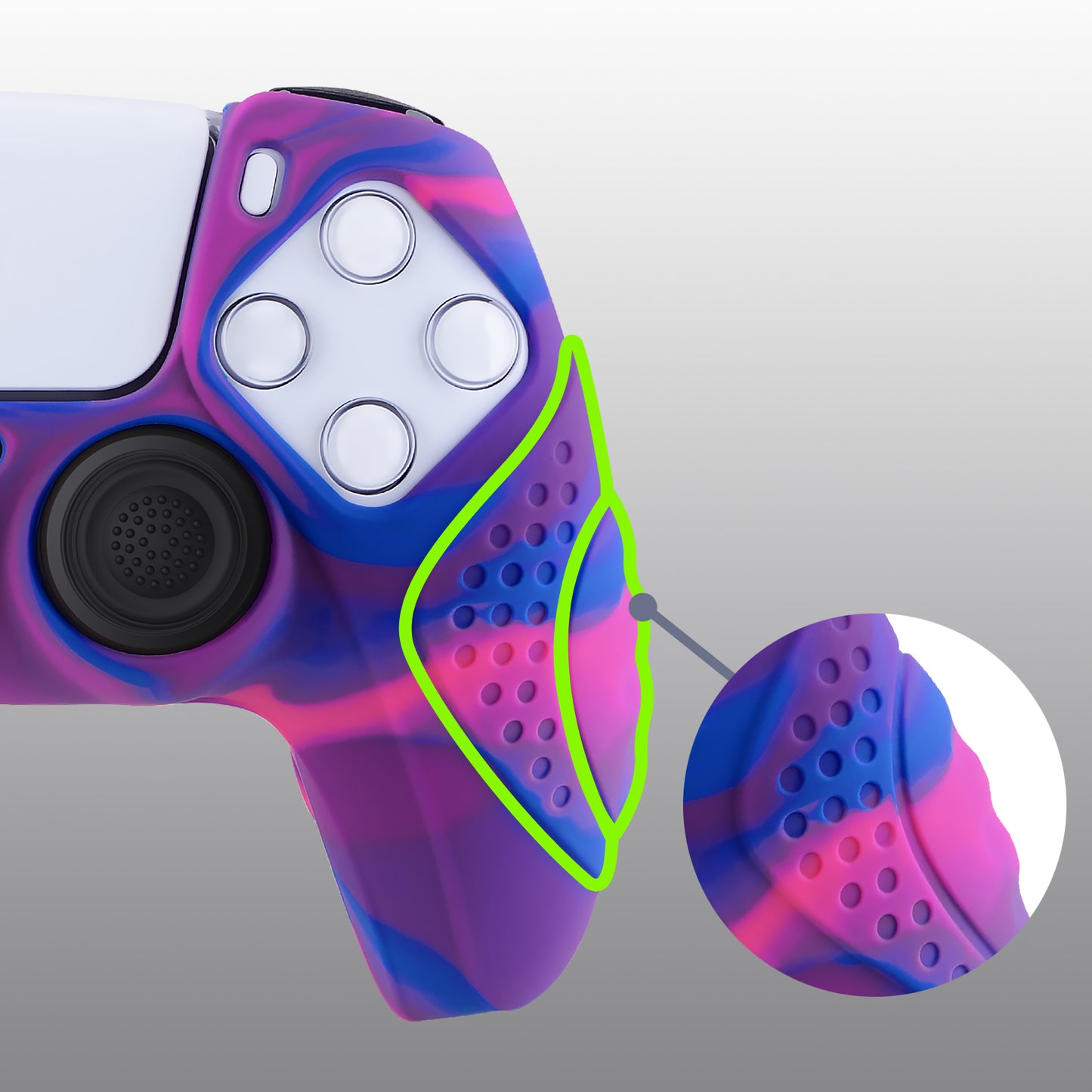 PlayVital Guardian Edition Anti-Slip Silicone Cover Skin with Thumb Grip Caps for PS5 Wireless Controller - Pink & Purple & Blue - YHPF019 PlayVital