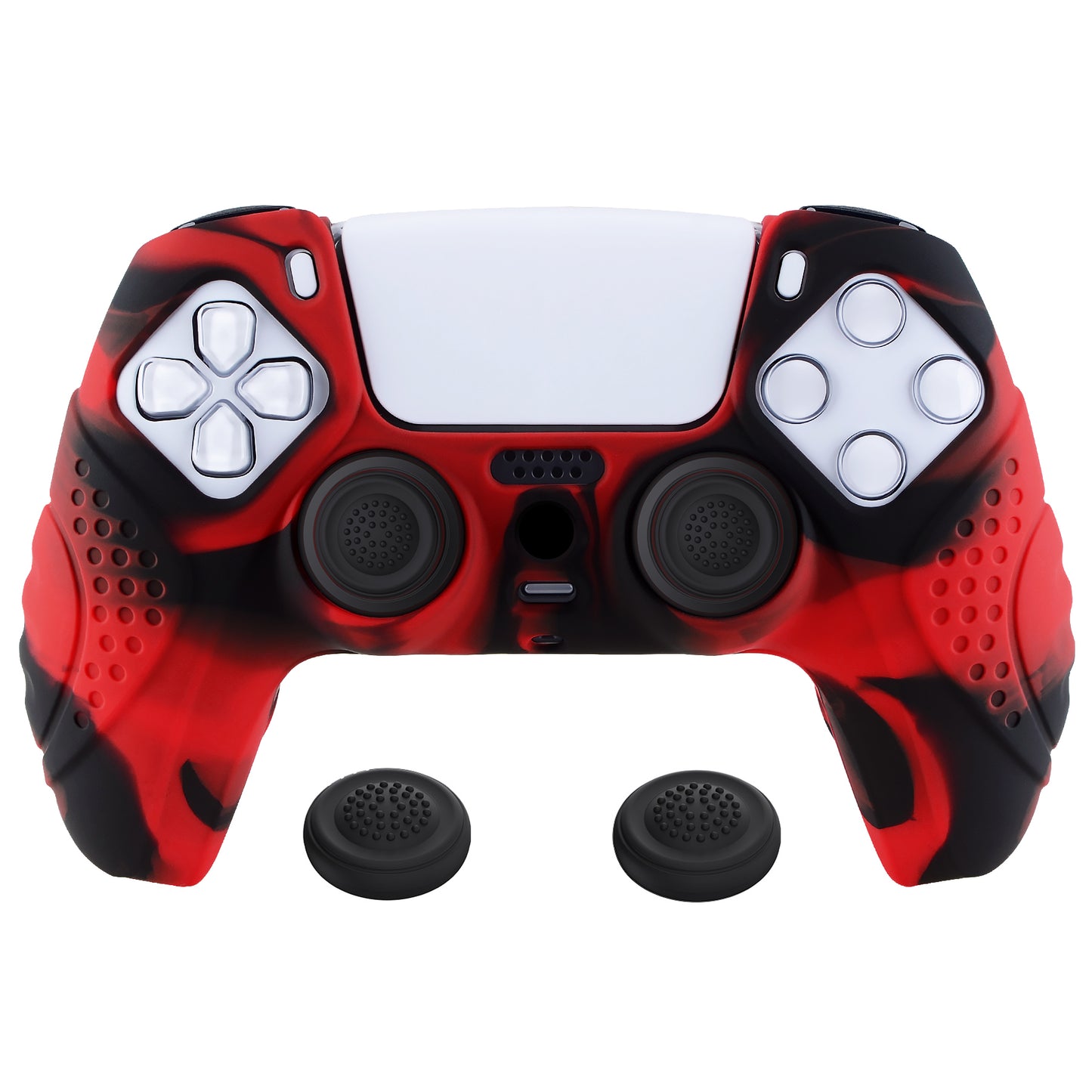 PlayVital Guardian Edition Anti-Slip Silicone Cover Skin with Thumb Grip Caps for PS5 Wireless Controller - Red & Black - YHPF020 PlayVital