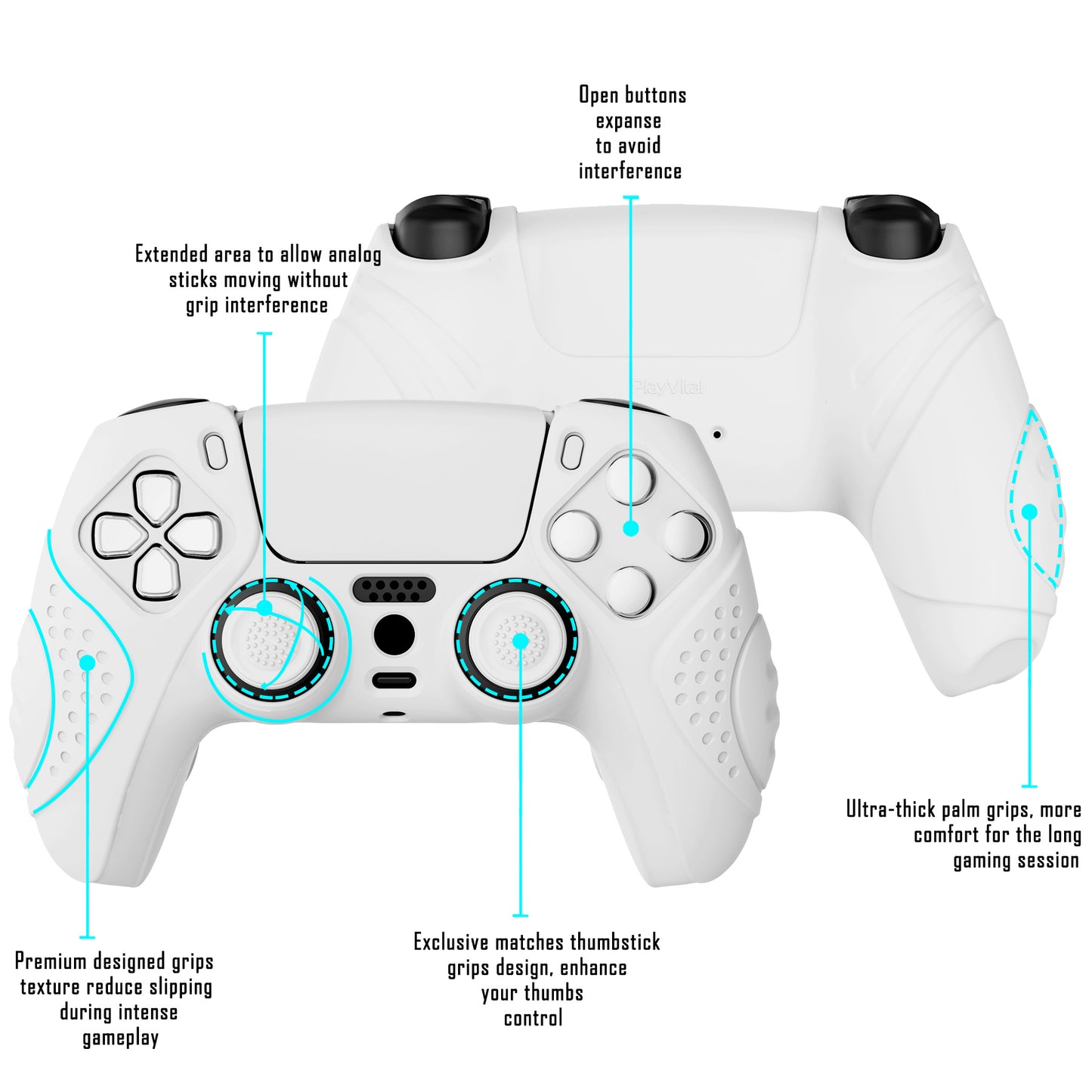 PlayVital Guardian Edition Anti-Slip Silicone Cover Skin with Thumb Grip Caps for PS5 Wireless Controller - White - YHPF002 PlayVital