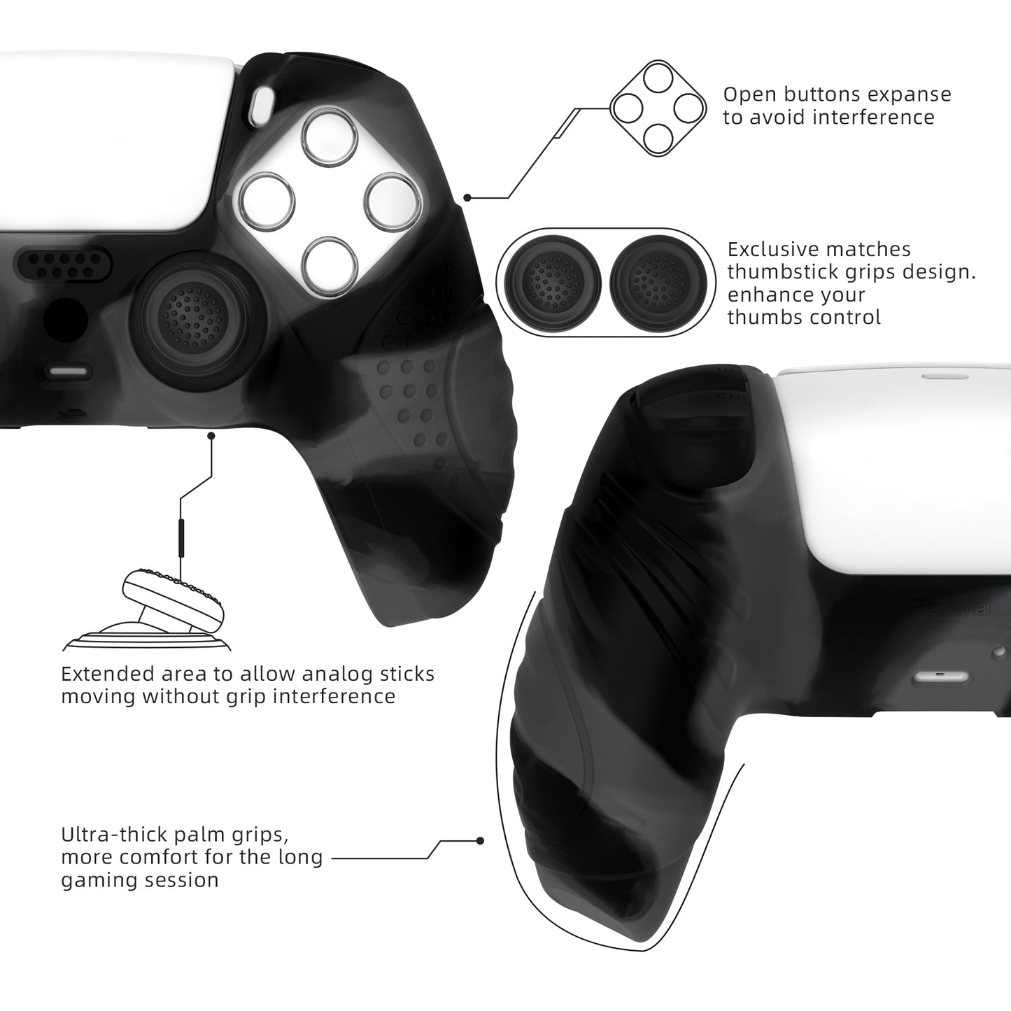 PlayVital Guardian Edition Anti-Slip Silicone Cover Skin with Thumb Grip Caps for PS5 Wireless Controller - Dark Gray & Black PlayVital