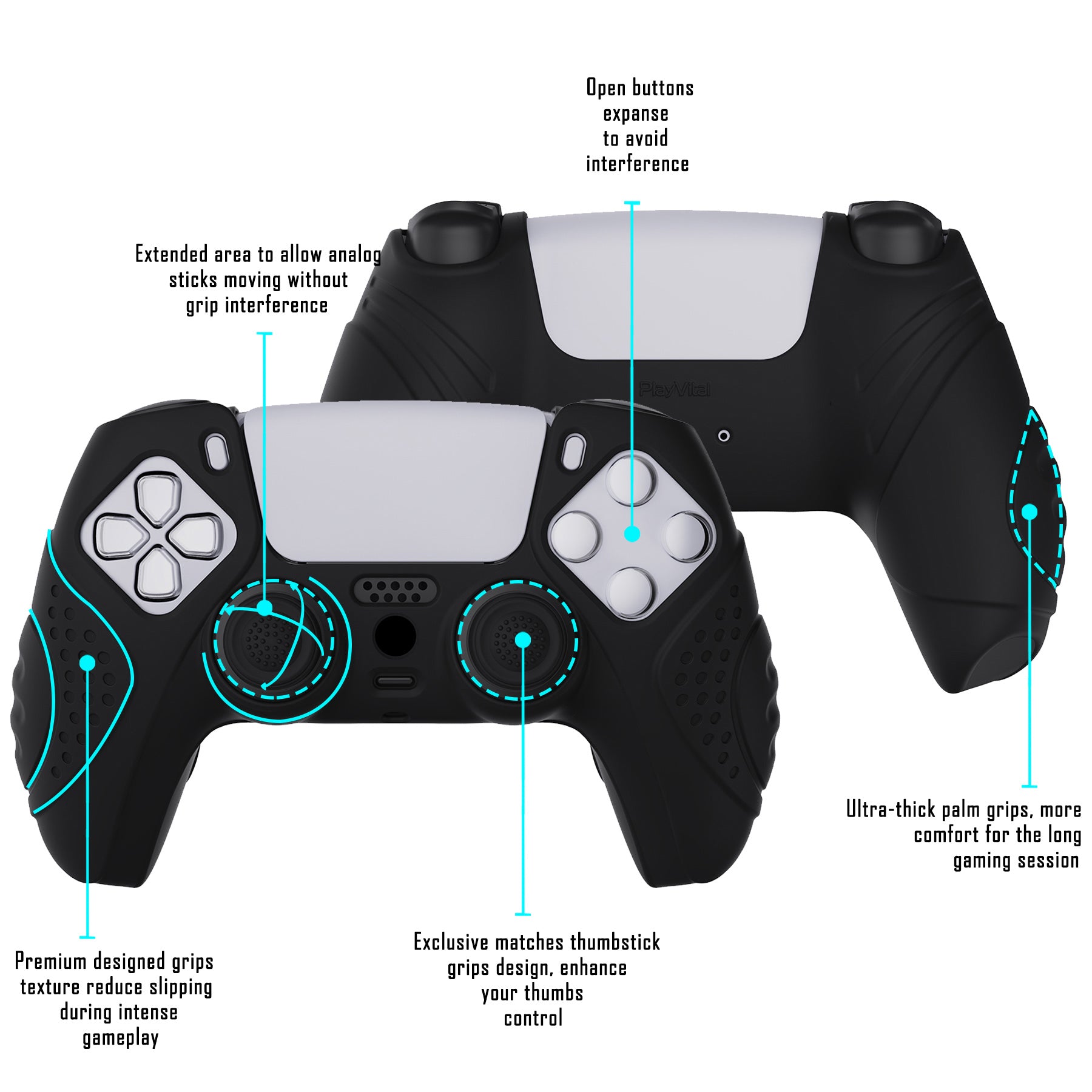 PlayVital Guardian Edition Anti-Slip Silicone Cover Skin with Thumb Grip Caps for PS5 Wireless Controller - Black - YHPF001 PlayVital