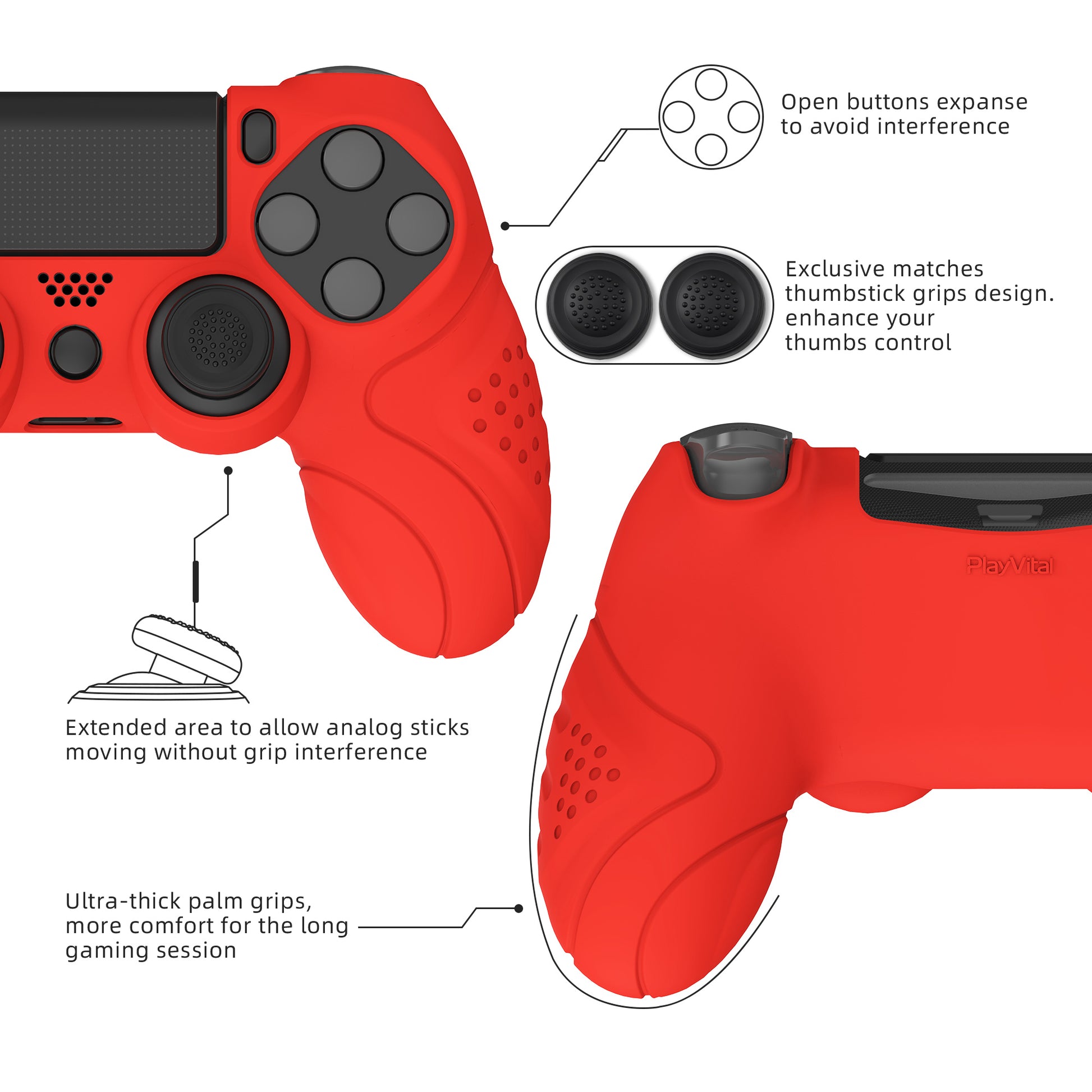 PlayVital Guardian Edition Passion Red Ergonomic Soft Anti-Slip Controller Silicone Case Cover for PS4, Rubber Protector Skins with black Joystick Caps for PS4 Slim PS4 Pro Controller - P4CC0067 playvital