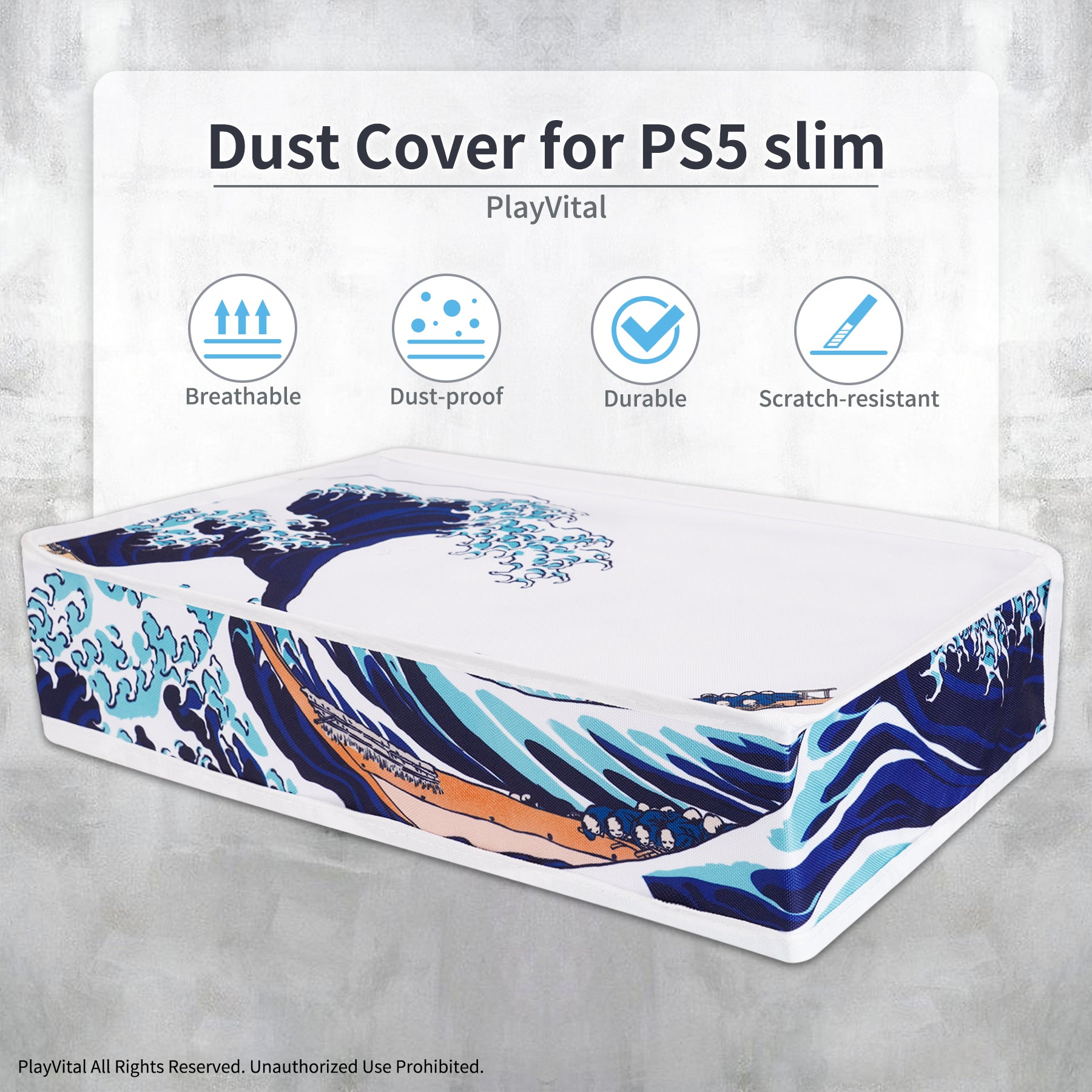 PlayVital Horizontal Dust Cover for ps5 Slim Digital Edition(The New Smaller Design), Nylon Dust Proof Protector Waterproof Cover Sleeve for ps5 Slim Console - The Great Wave - RTKPFH001 PlayVital
