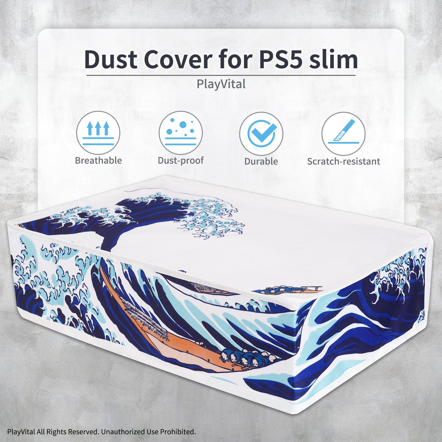 PlayVital Horizontal Dust Cover for ps5 Slim Disc Edition(The New Smaller Design), Nylon Dust Proof Protector Waterproof Cover Sleeve for ps5 Slim Console - The Great Wave - HUYPFH001 PlayVital
