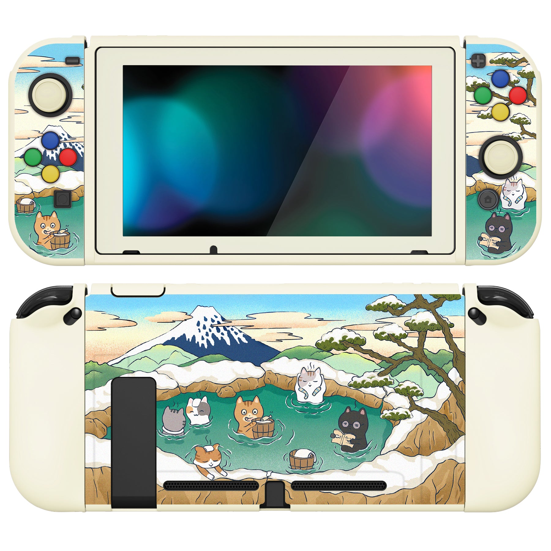 PlayVital ZealProtect Soft Protective Case for Nintendo Switch, Flexible Cover for Switch with Tempered Glass Screen Protector & Thumb Grips & ABXY Direction Button Caps - Hot Spring Kitties - RNSYV6047 playvital