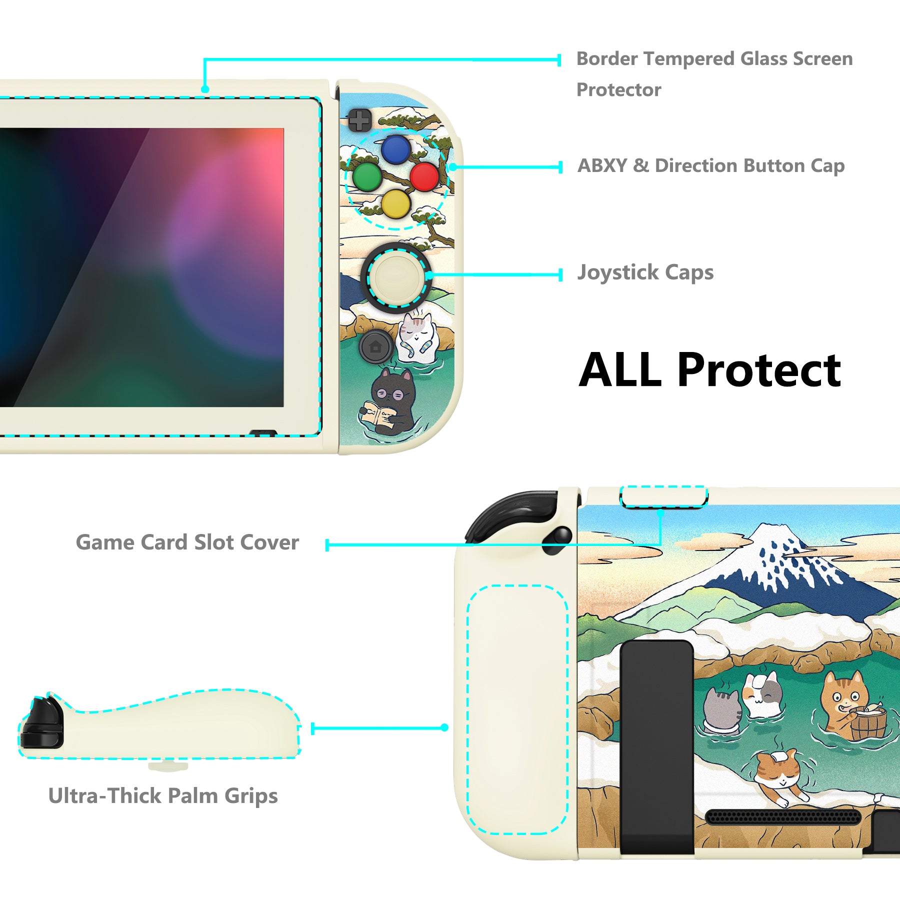 PlayVital ZealProtect Soft Protective Case for Nintendo Switch, Flexible Cover for Switch with Tempered Glass Screen Protector & Thumb Grips & ABXY Direction Button Caps - Hot Spring Kitties - RNSYV6047 playvital