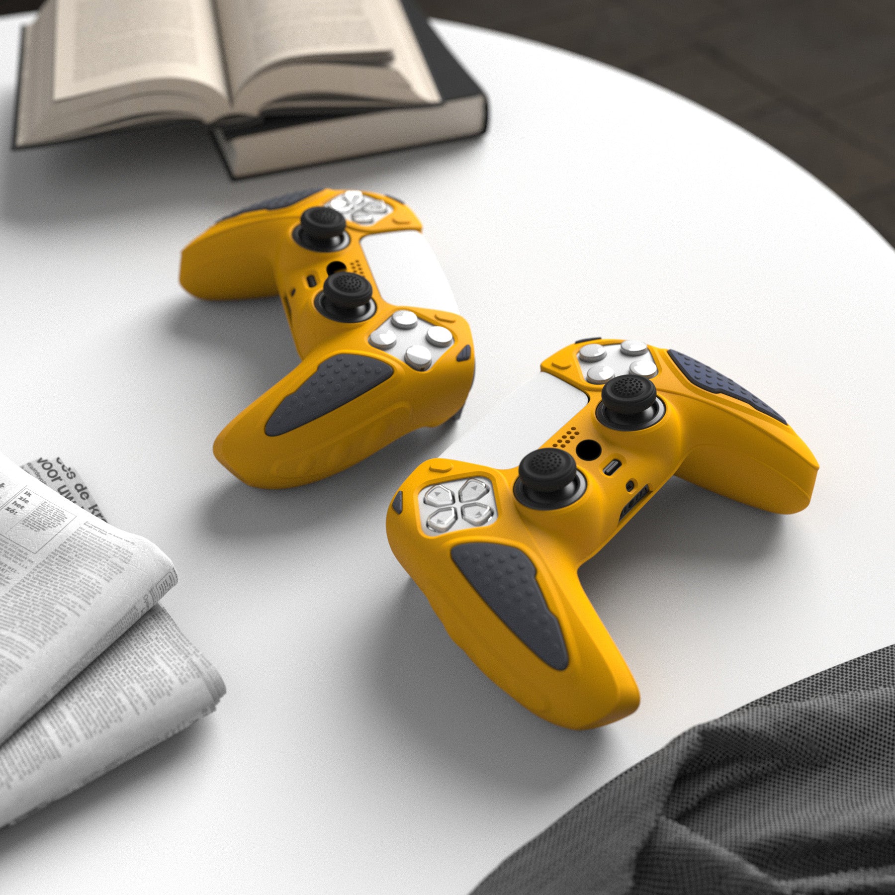 PlayVital Knight Edition Anti-Slip Silicone Cover Skin with Thumb Grip Caps for PS5 Wireless Controller - Caution Yellow & Graphite Gray - QSPF014 PlayVital