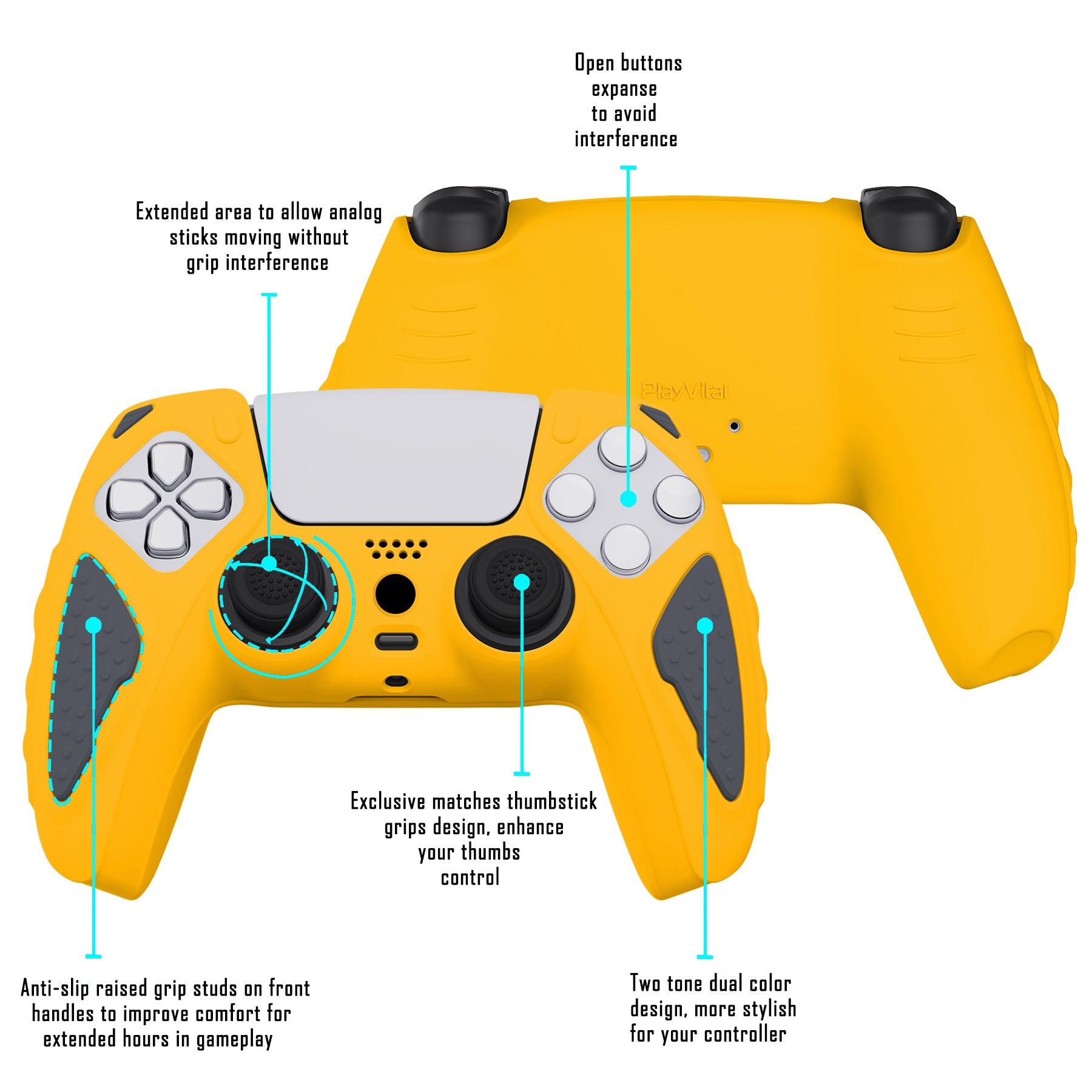 PlayVital Knight Edition Anti-Slip Silicone Cover Skin with Thumb Grip Caps for PS5 Wireless Controller - Caution Yellow & Graphite Gray - QSPF014 PlayVital