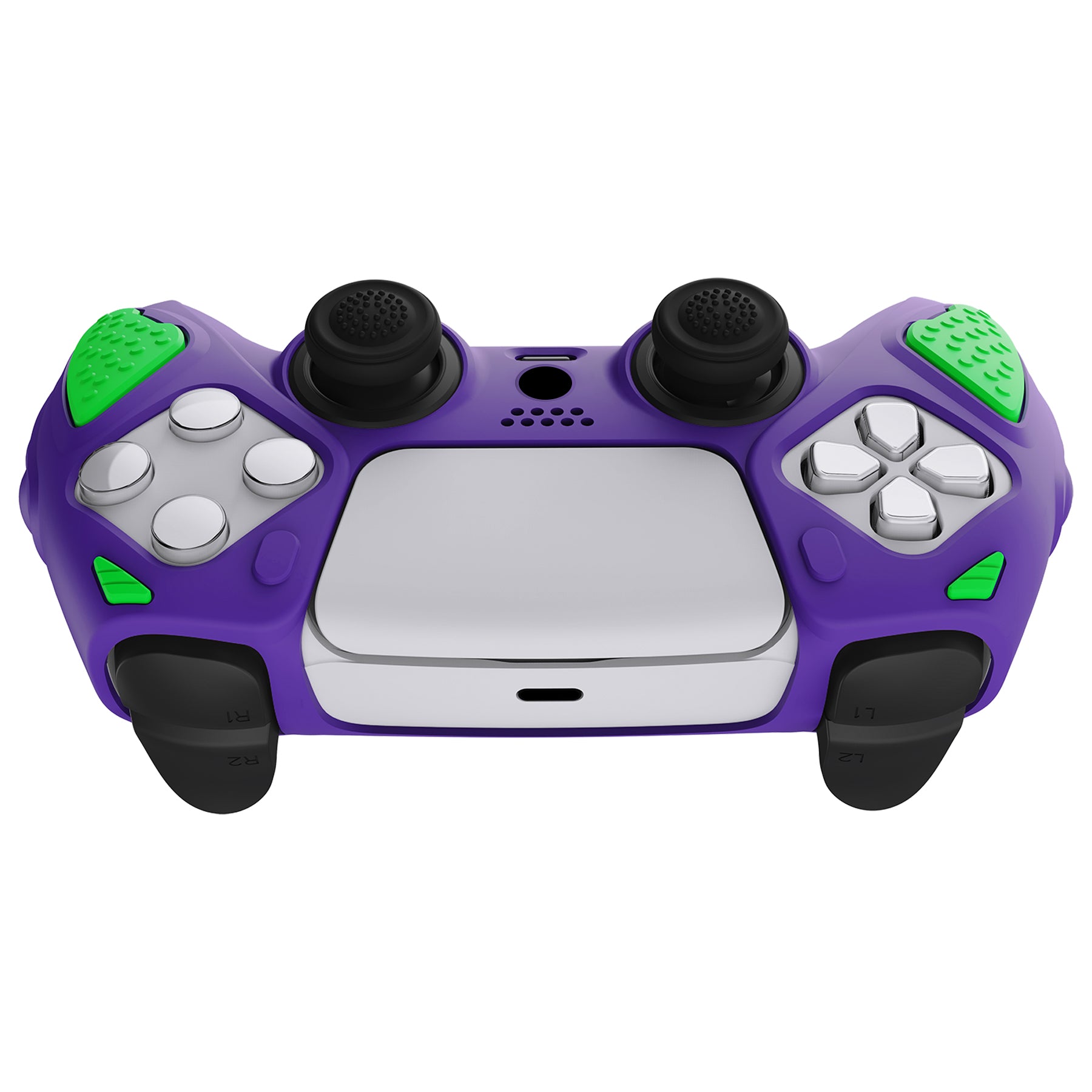 PlayVital Knight Edition Anti-Slip Silicone Cover Skin with Thumb Grip Caps  for PS5 Wireless Controller - Neon Genesis Purple & Green - QSPF015