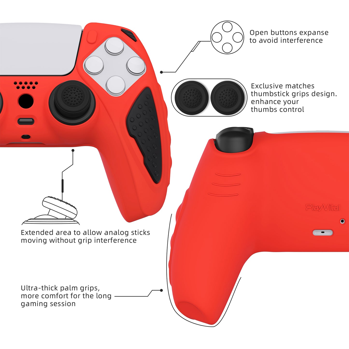 PlayVital Knight Edition Anti-Slip Silicone Cover Skin with Thumb Grip Caps for PS5 Wireless Controller - Passion Red & Black - QSPF005 PlayVital