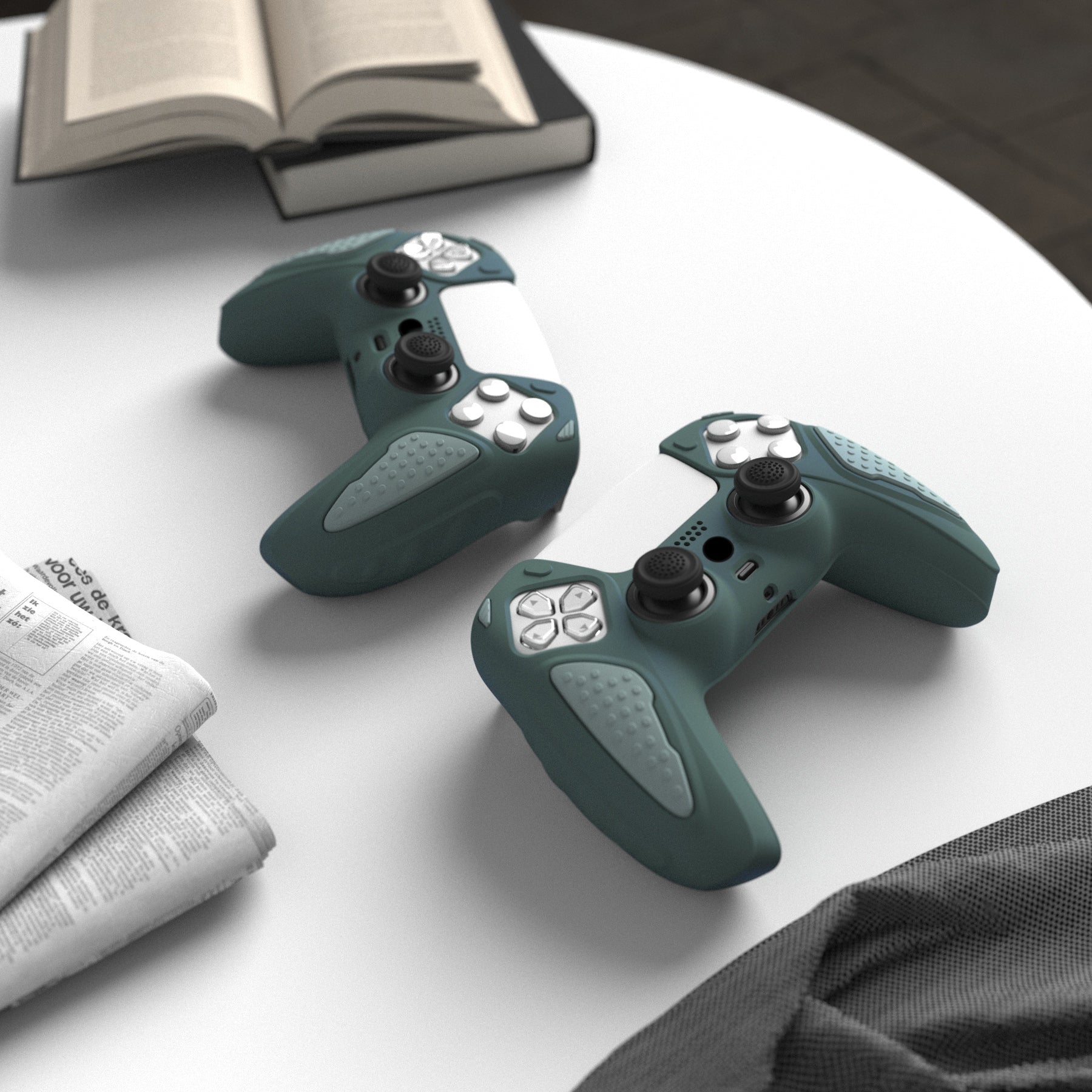 PlayVital Knight Edition Anti-Slip Silicone Cover Skin with Thumb Grip Caps for PS5 Wireless Controller - Templeton Gray & Jade Grey - QSPF012 PlayVital