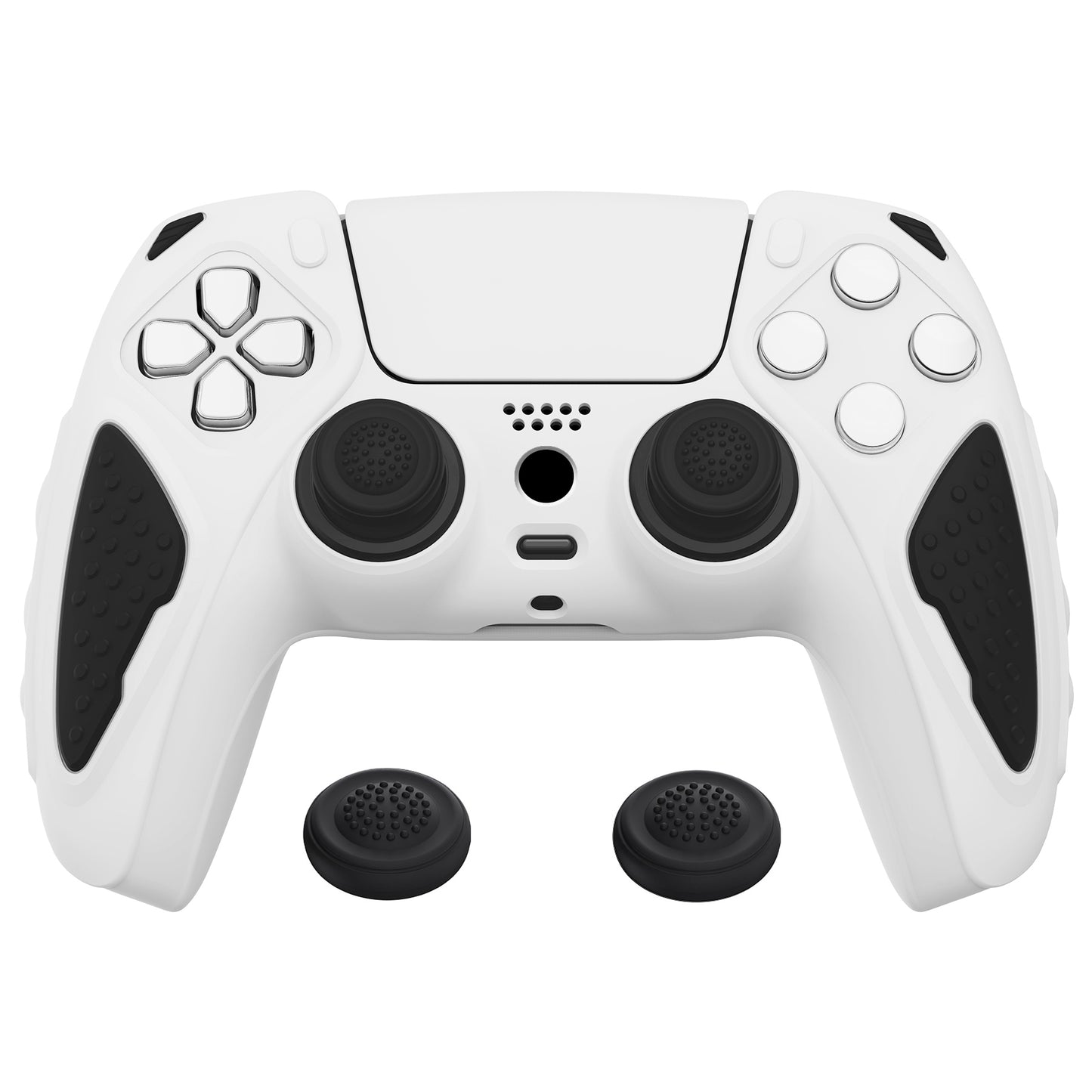 PlayVital Knight Edition Anti-Slip Silicone Cover Skin with Thumb Grip Caps for PS5 Wireless Controller - White & Black - QSPF004 PlayVital
