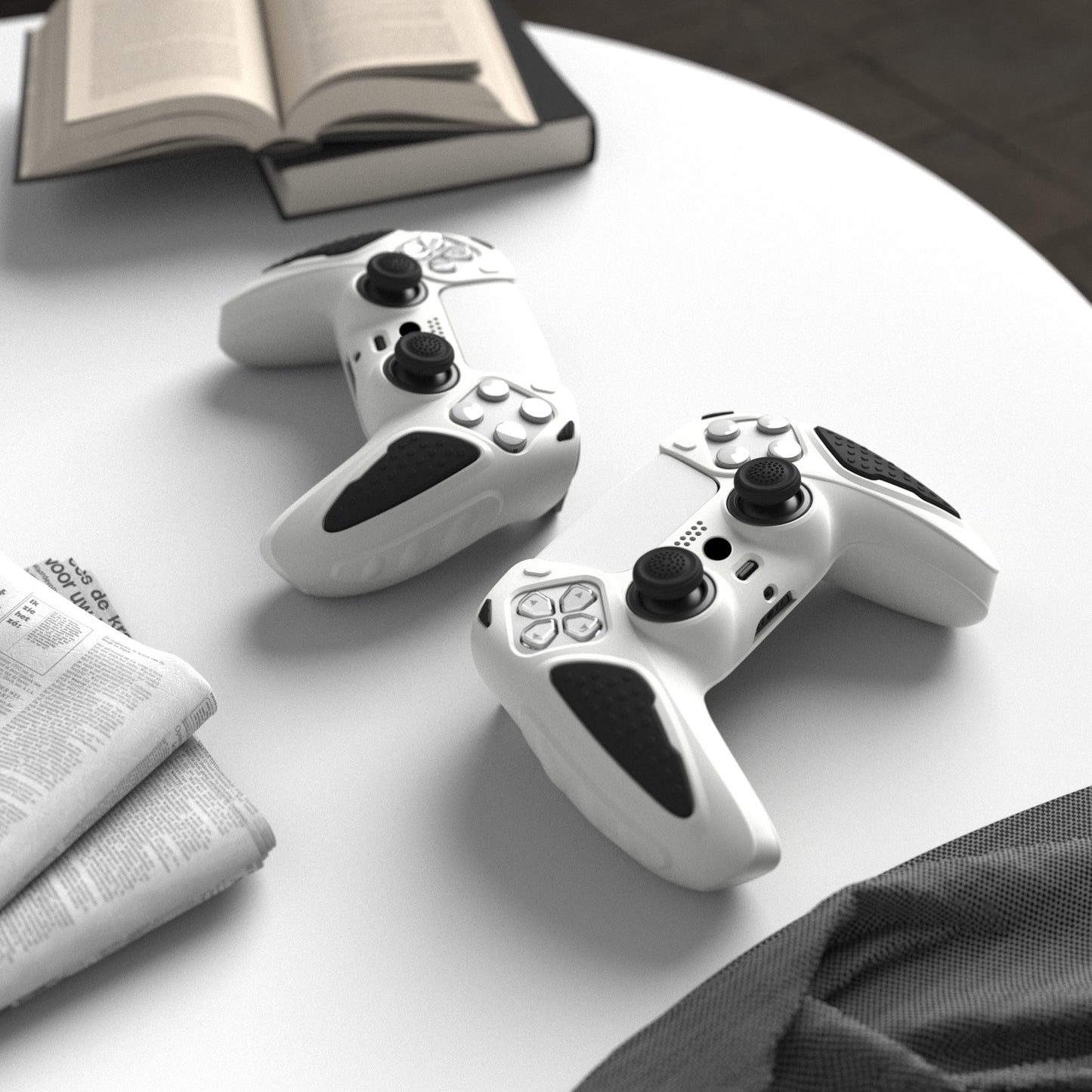 PlayVital Knight Edition Anti-Slip Silicone Cover Skin with Thumb Grip Caps for PS5 Wireless Controller - White & Black - QSPF004 PlayVital