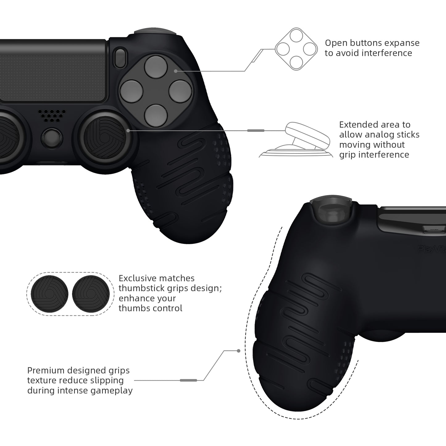 PlayVital Line & Dot Black Silicone Cover Skin for ps4 Controller, Anti-Slip Soft Protector Case Cover with Thumb Grip Caps for ps4 for ps4 Slim for ps4 Pro Controller - CLRP4P001