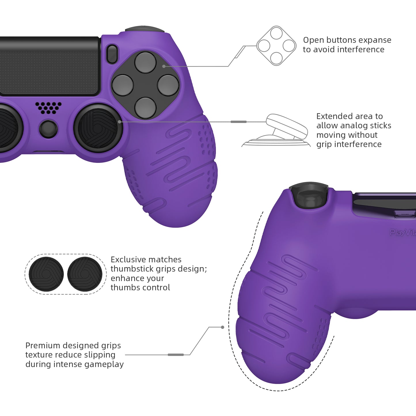 PlayVital Line & Dot Silicone Cover Skin with Thumb Grip Caps for PS4 Slim Pro Controller - Purple - CLRP4P004