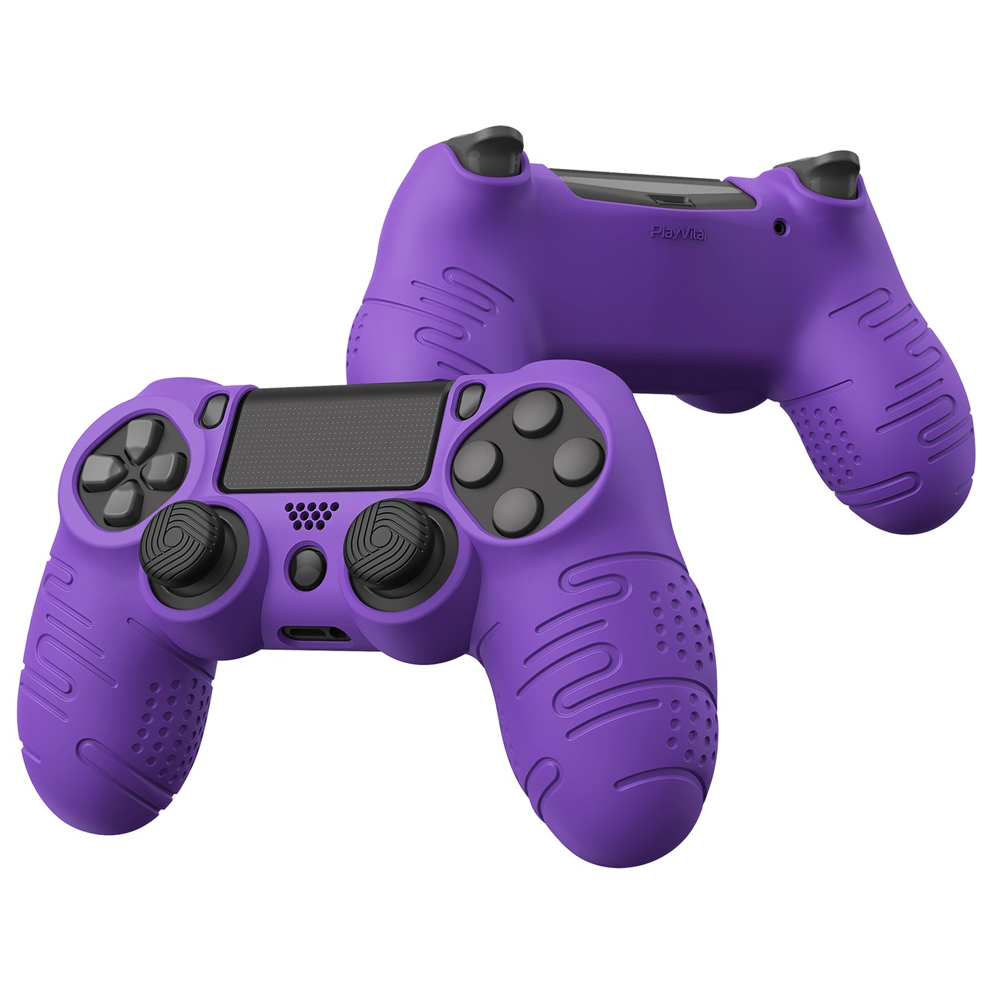 PlayVital Line & Dot Silicone Cover Skin with Thumb Grip Caps for PS4 Slim Pro Controller - Purple