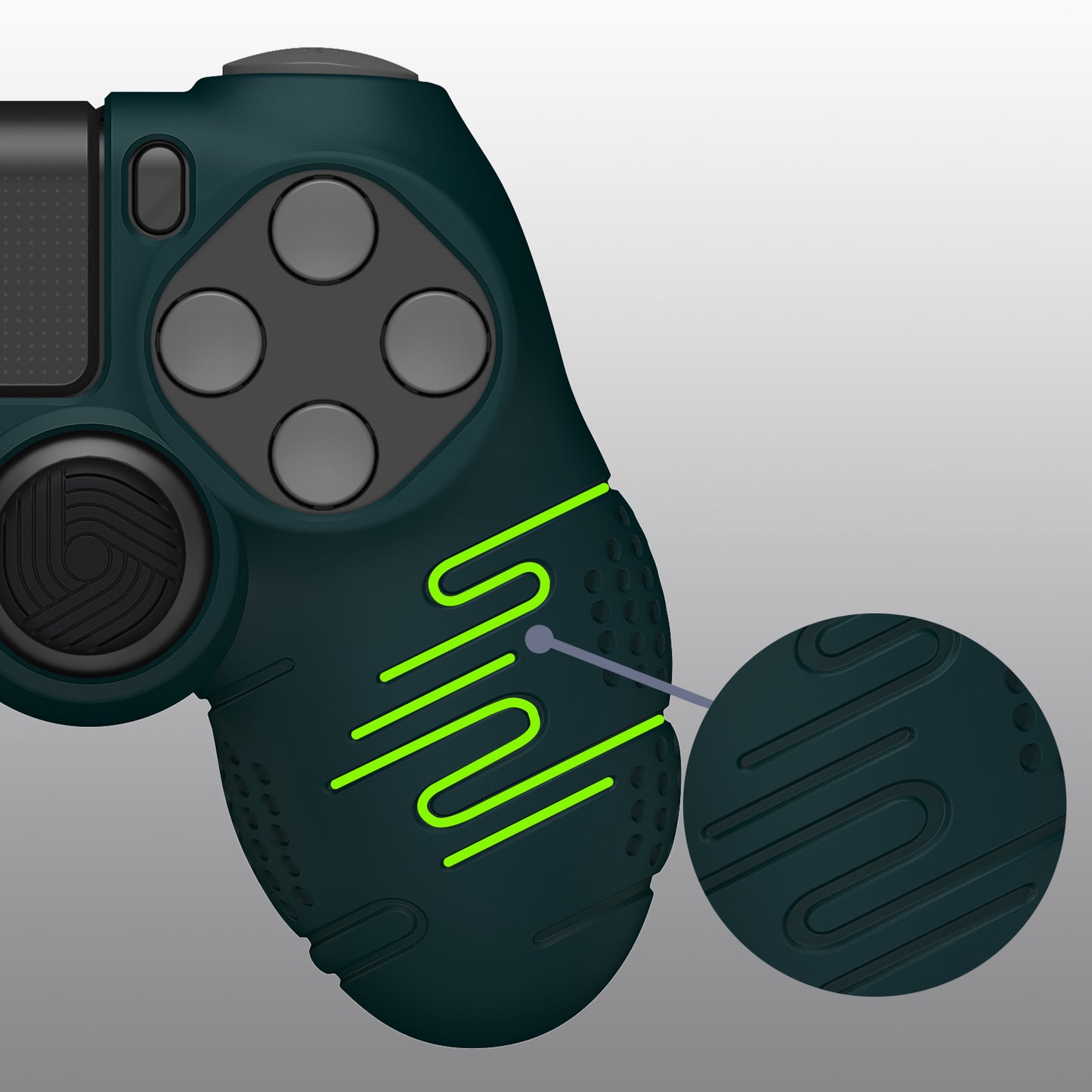 PlayVital Line & Dot Silicone Cover Skin with Thumb Grip Caps for PS4 Slim Pro Controller - Racing Green - CLRP4P003