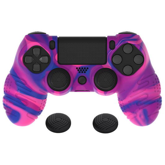 PlayVital Line & Dot Silicone Cover Skin with Thumb Grip Caps for PS4 Slim Pro Controller - Pink & Purple & Blue playvital