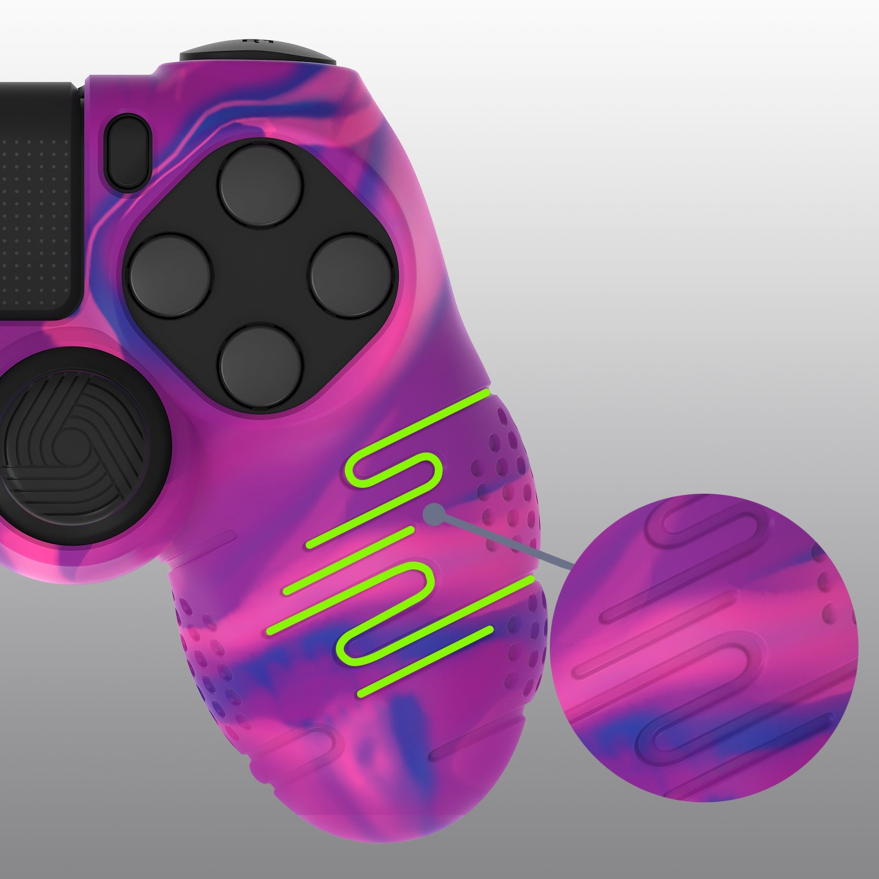 PlayVital Line & Dot Silicone Cover Skin with Thumb Grip Caps for PS4 Slim Pro Controller - Pink & Purple & Blue playvital