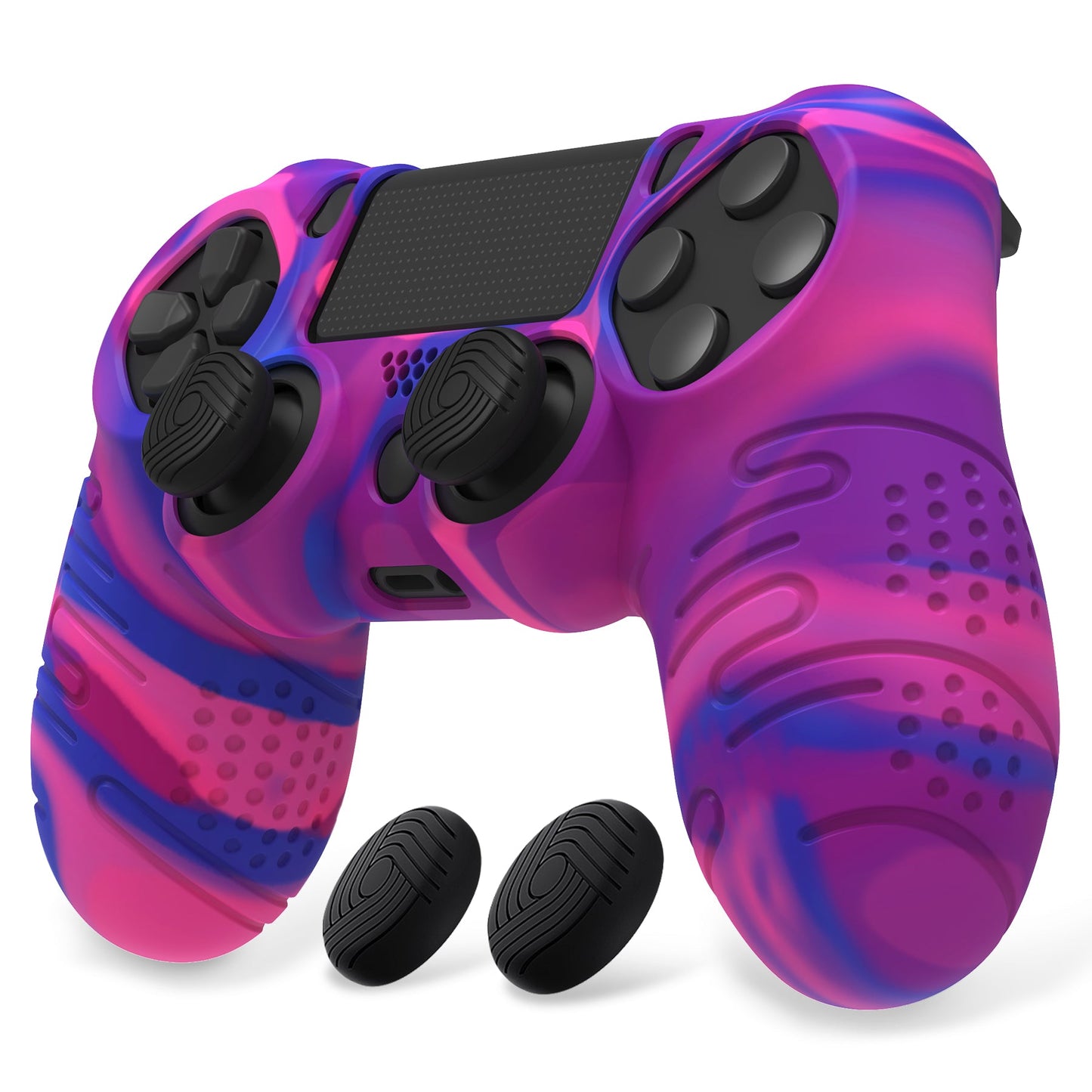 PlayVital Line & Dot Silicone Cover Skin with Thumb Grip Caps for PS4 Slim Pro Controller - Pink & Purple & Blue playvital