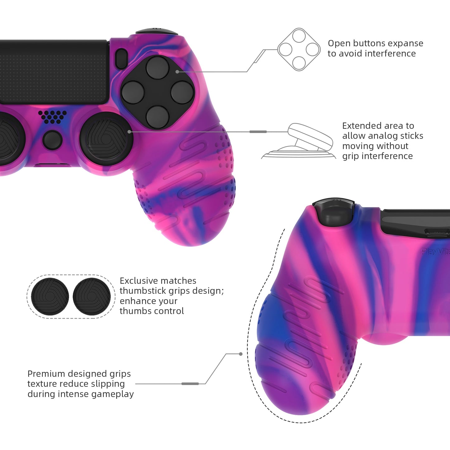 PlayVital Line & Dot Silicone Cover Skin with Thumb Grip Caps for PS4 Slim Pro Controller - Pink & Purple & Blue playvital