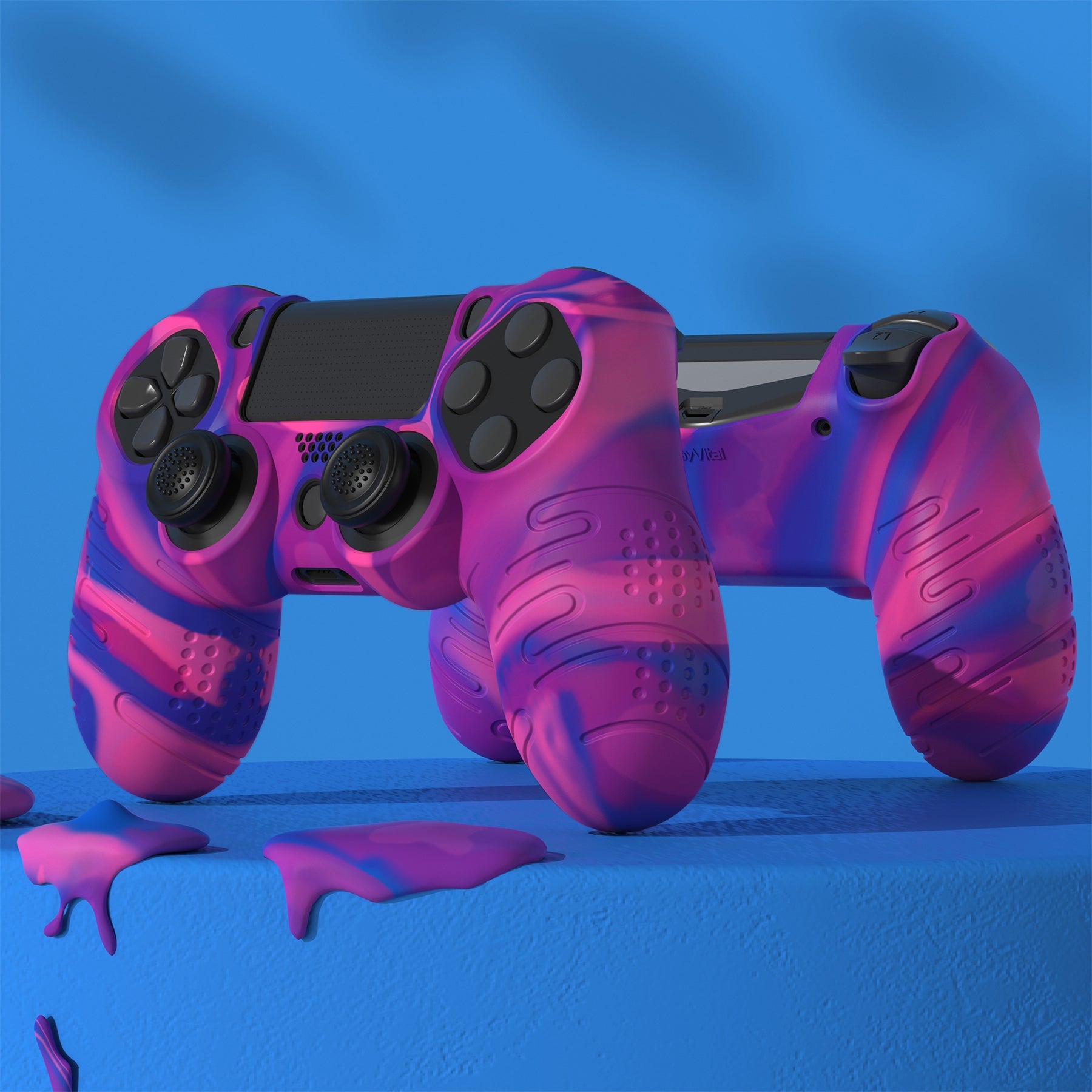 PlayVital Line & Dot Silicone Cover Skin with Thumb Grip Caps for PS4 Slim Pro Controller - Pink & Purple & Blue playvital