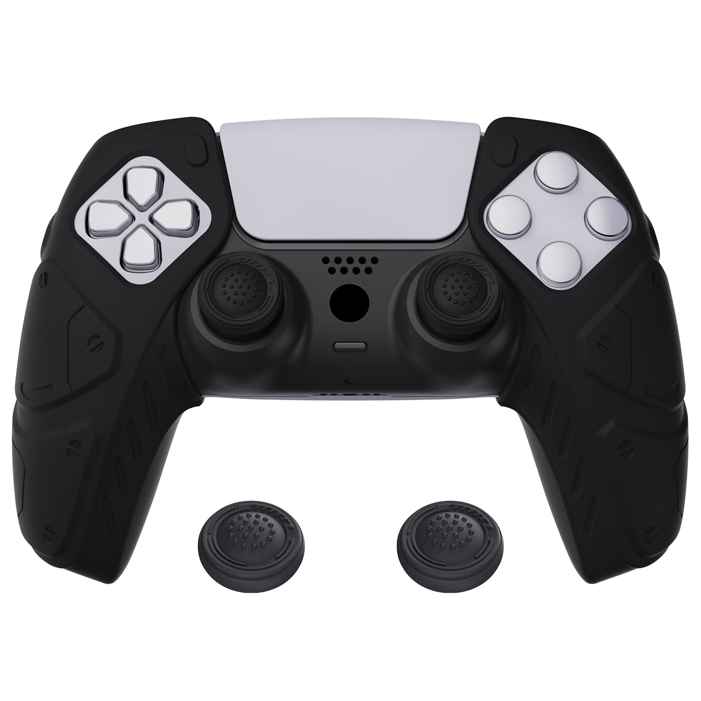 PlayVital Mecha Edition Anti-Slip Silicone Cover Skin with Thumb Grip Caps for PS5 Wireless Controller - Compatible with Charging Station - Black - JGPF001 PlayVital