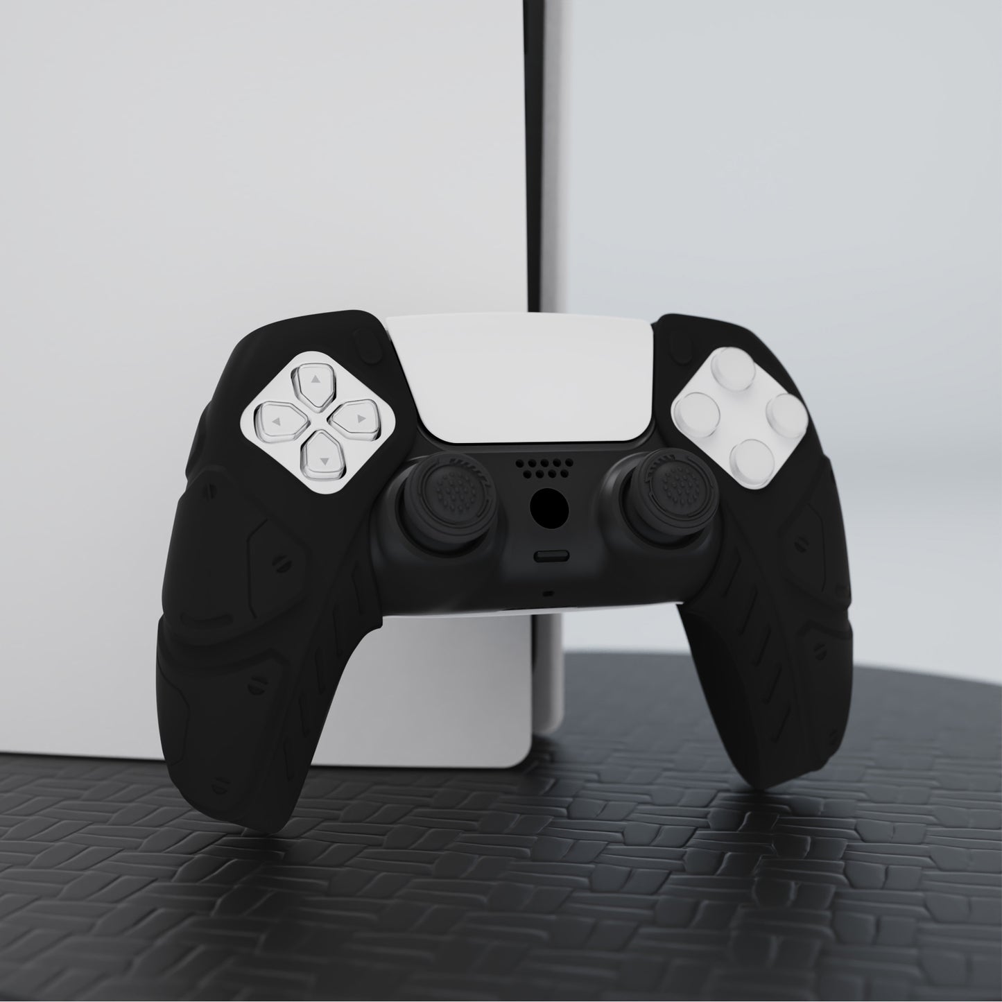 PlayVital Mecha Edition Anti-Slip Silicone Cover Skin with Thumb Grip Caps for PS5 Wireless Controller - Compatible with Charging Station - Black - JGPF001 PlayVital