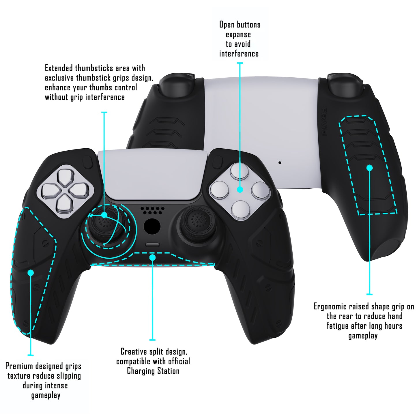 PlayVital Mecha Edition Anti-Slip Silicone Cover Skin with Thumb Grip Caps for PS5 Wireless Controller - Compatible with Charging Station - Black - JGPF001 PlayVital