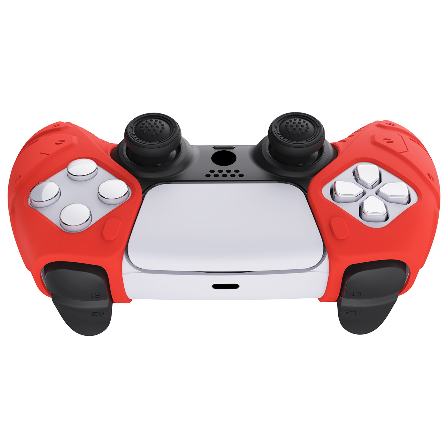 PlayVital Mecha Edition Anti-Slip Silicone Cover Skin with Thumb Grip Caps for PS5 Wireless Controller - Compatible with Charging Station - Passion Red - JGPF009 PlayVital