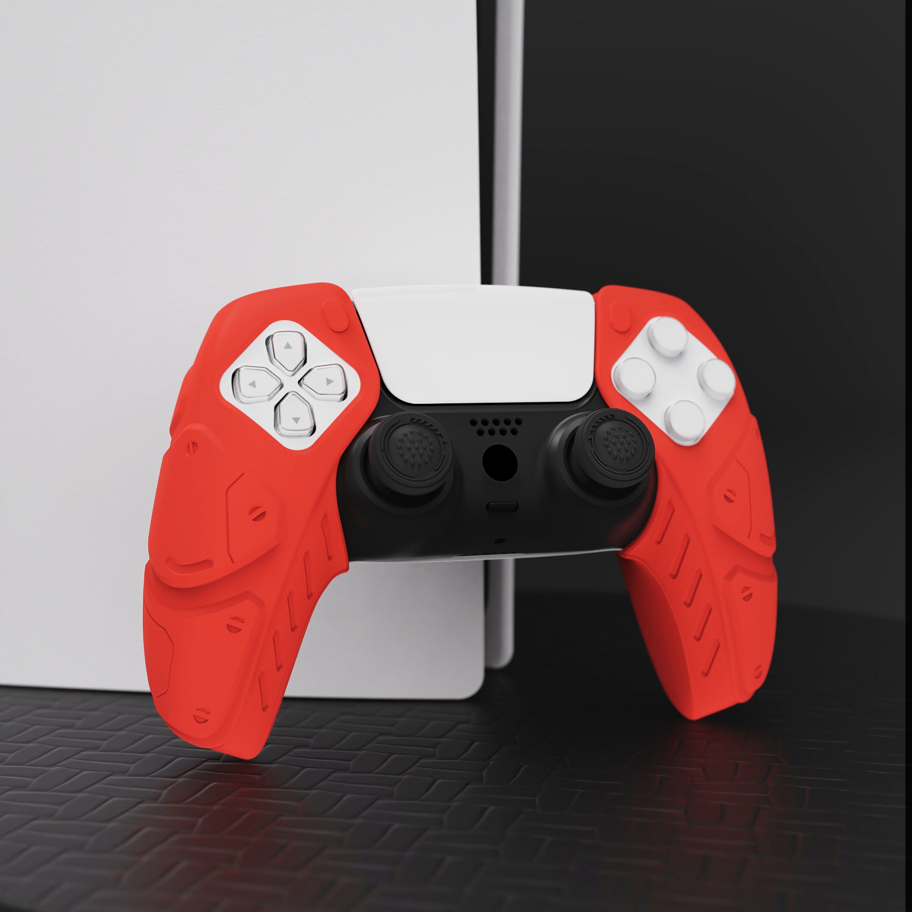 PlayVital Mecha Edition Anti-Slip Silicone Cover Skin with Thumb Grip Caps for PS5 Wireless Controller - Compatible with Charging Station - Passion Red - JGPF009 PlayVital