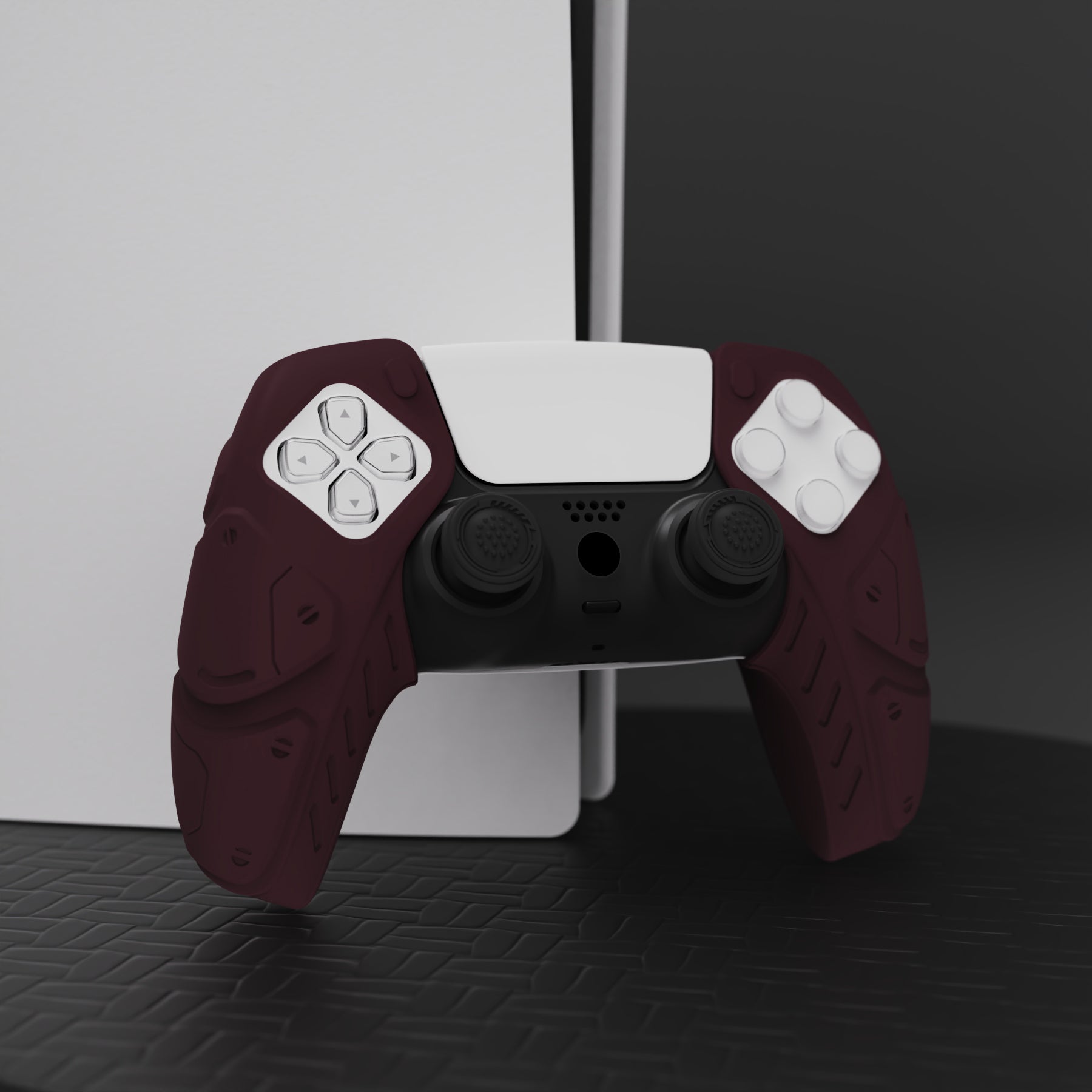 PlayVital Mecha Edition Anti-Slip Silicone Cover Skin with Thumb Grip Caps for PS5 Wireless Controller - Compatible with Charging Station - Wine Red - JGPF006 PlayVital