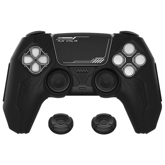 PlayVital Mecha Edition Anti-Slip Silicone Cover Skin with Matching Thumb Grips and Stickers for PS5 Wireless Controller -  Compatible with Charging Station - Black PlayVital