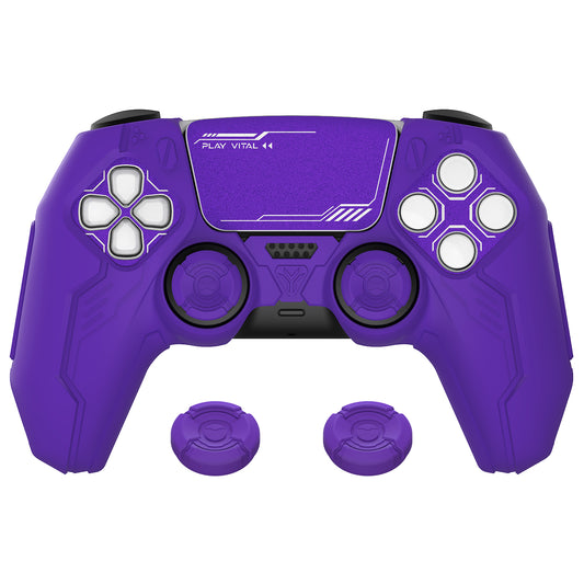 PlayVital Mecha Edition Anti-Slip Silicone Cover Skin with Matching Thumb Grips and Stickers for PS5 Wireless Controller - Compatible with Charging Station - Purple PlayVital