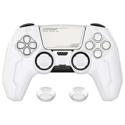 PlayVital Mecha Edition Anti-Slip Silicone Cover Skin with Matching Thumb Grips and Stickers for PS5 Wireless Controller - Compatible with Charging Station - White PlayVital