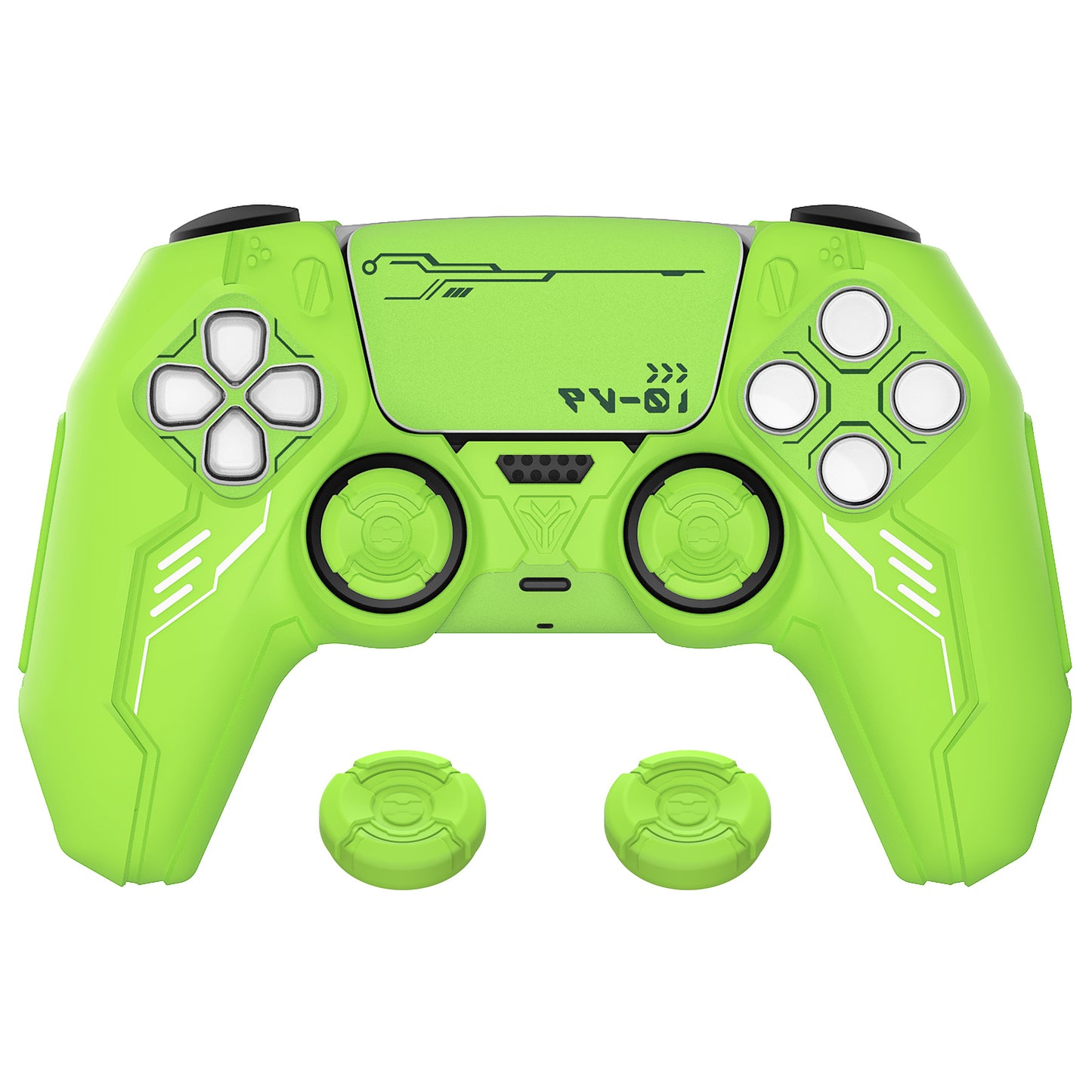 PlayVital Mecha Edition Anti-Slip Silicone Cover Skin with Matching Thumb Grips and Stickers for PS5 Wireless Controller - Compatible with Charging Station - Neon Green PlayVital