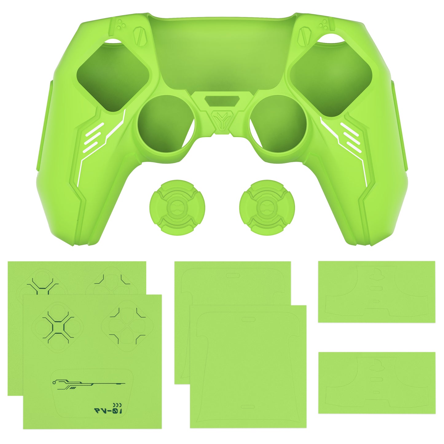 PlayVital Mecha Edition Anti-Slip Silicone Cover Skin with Matching Thumb Grips and Stickers for PS5 Wireless Controller - Compatible with Charging Station - Neon Green PlayVital