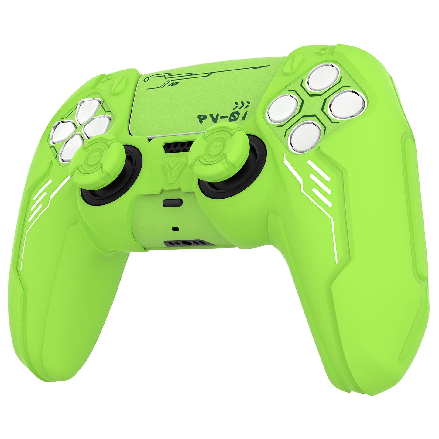 PlayVital Mecha Edition Anti-Slip Silicone Cover Skin with Matching Thumb Grips and Stickers for PS5 Wireless Controller - Compatible with Charging Station - Neon Green PlayVital