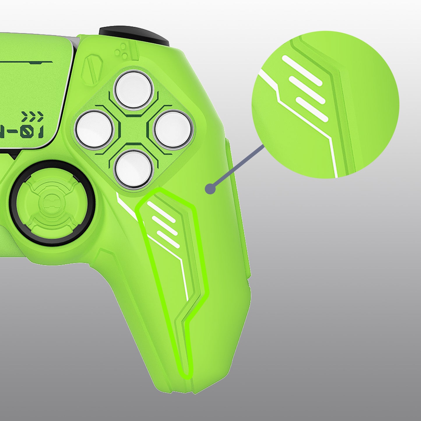 PlayVital Mecha Edition Anti-Slip Silicone Cover Skin with Matching Thumb Grips and Stickers for PS5 Wireless Controller - Compatible with Charging Station - Neon Green PlayVital