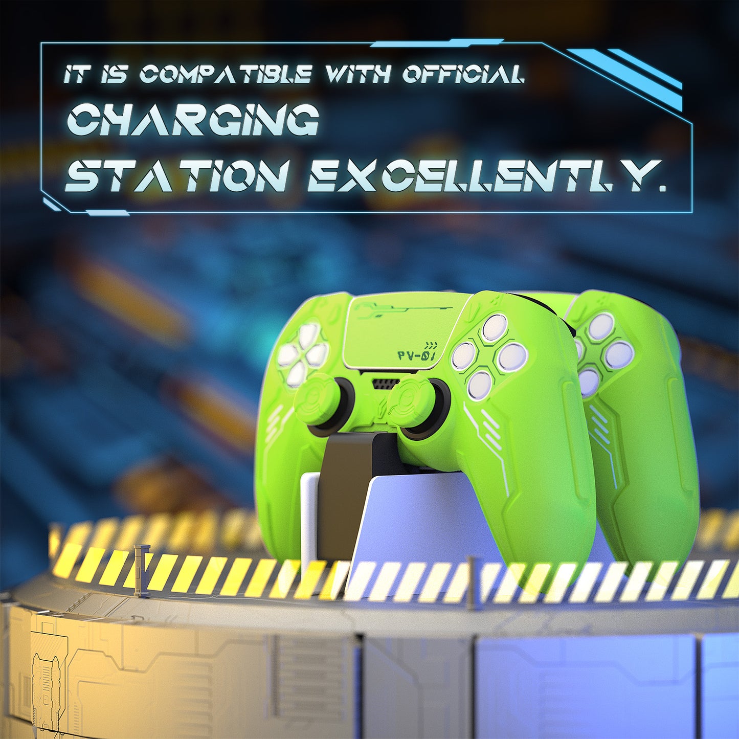 PlayVital Mecha Edition Anti-Slip Silicone Cover Skin with Matching Thumb Grips and Stickers for PS5 Wireless Controller - Compatible with Charging Station - Neon Green PlayVital