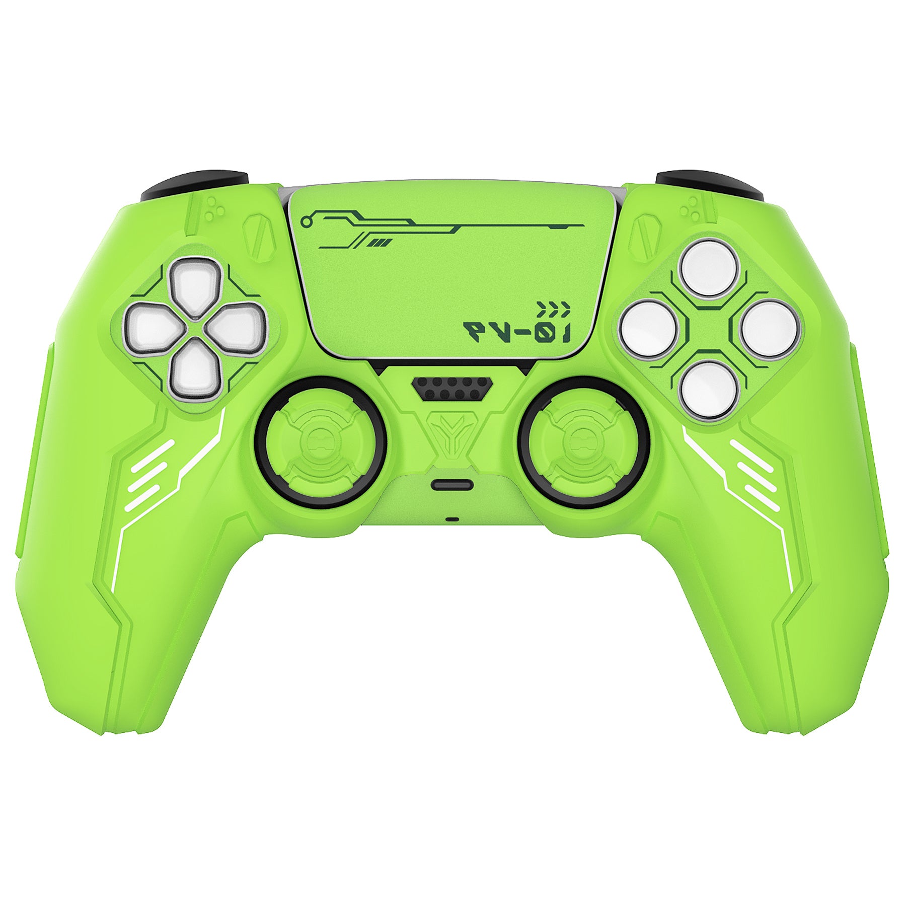 PlayVital Mecha Edition Anti-Slip Silicone Cover Skin with Matching Thumb Grips and Stickers for PS5 Wireless Controller - Compatible with Charging Station - Neon Green PlayVital