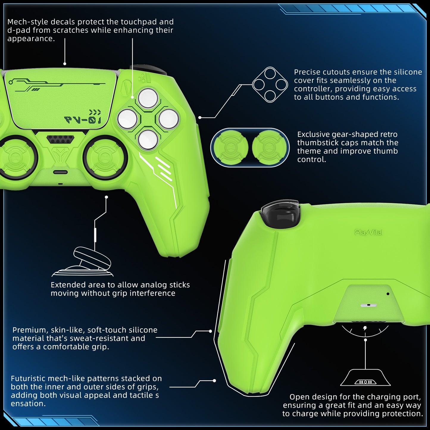 PlayVital Mecha Edition Anti-Slip Silicone Cover Skin with Matching Thumb Grips and Stickers for PS5 Wireless Controller - Compatible with Charging Station - Neon Green PlayVital