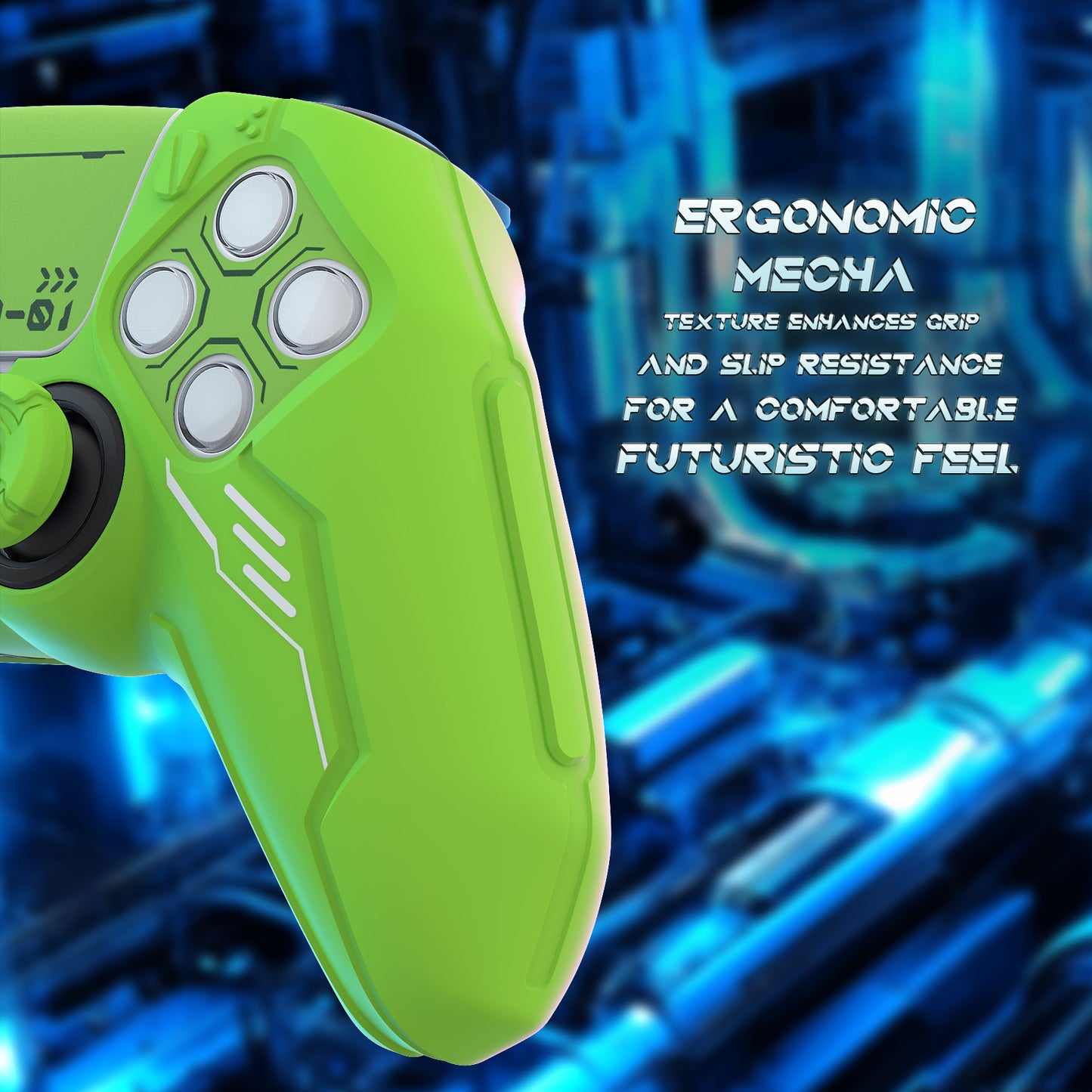 PlayVital Mecha Edition Anti-Slip Silicone Cover Skin with Matching Thumb Grips and Stickers for PS5 Wireless Controller - Compatible with Charging Station - Neon Green PlayVital